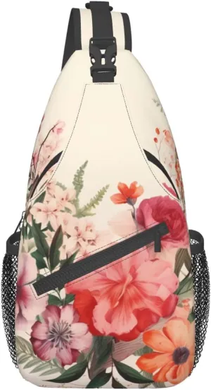 Flower Illustrations Printed Chest Messenger Bag Shoulder Bag Sling Bag