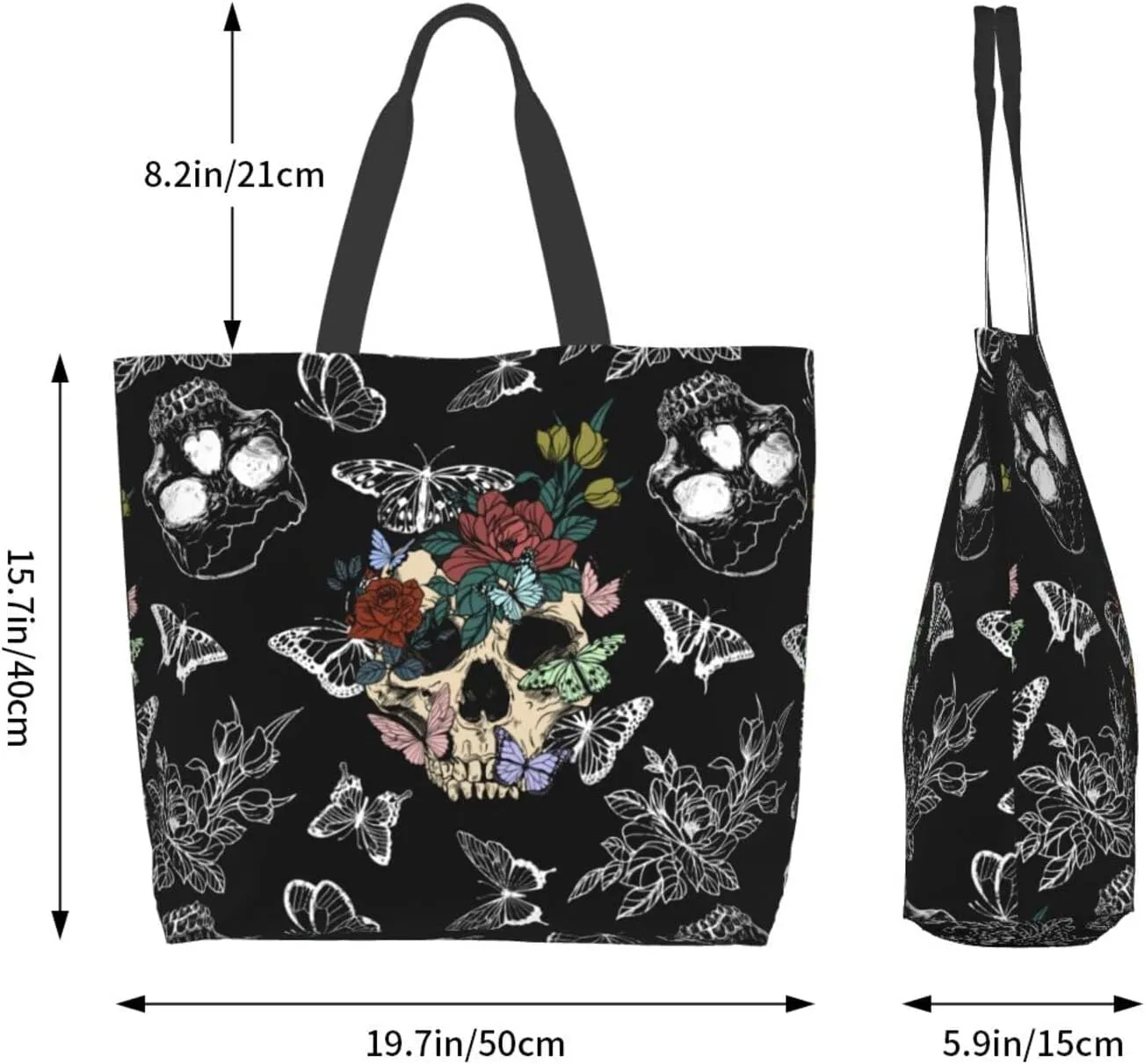 Flower Sugar Skull Tote Bags Reusable Women Shoulder Travel Beach Bag Shopping Work Daily