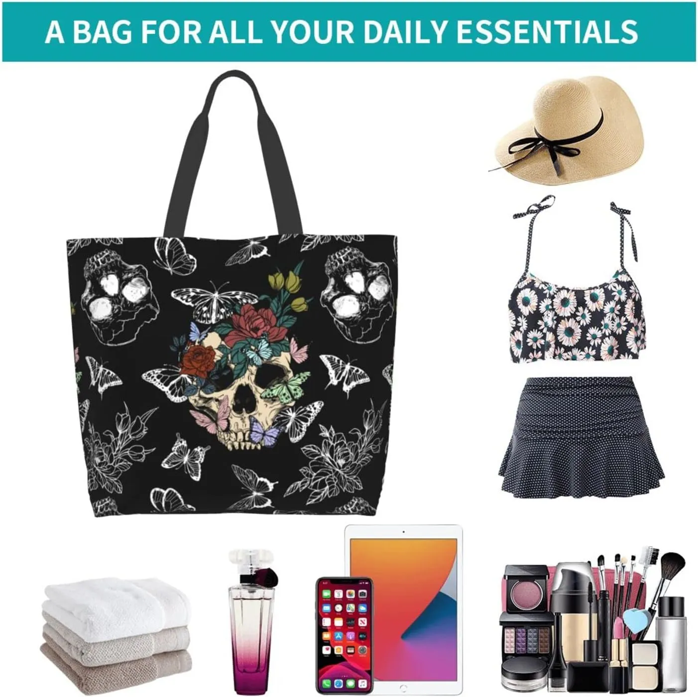 Flower Sugar Skull Tote Bags Reusable Women Shoulder Travel Beach Bag Shopping Work Daily