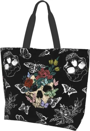 Flower Sugar Skull Tote Bags Reusable Women Shoulder Travel Beach Bag Shopping Work Daily