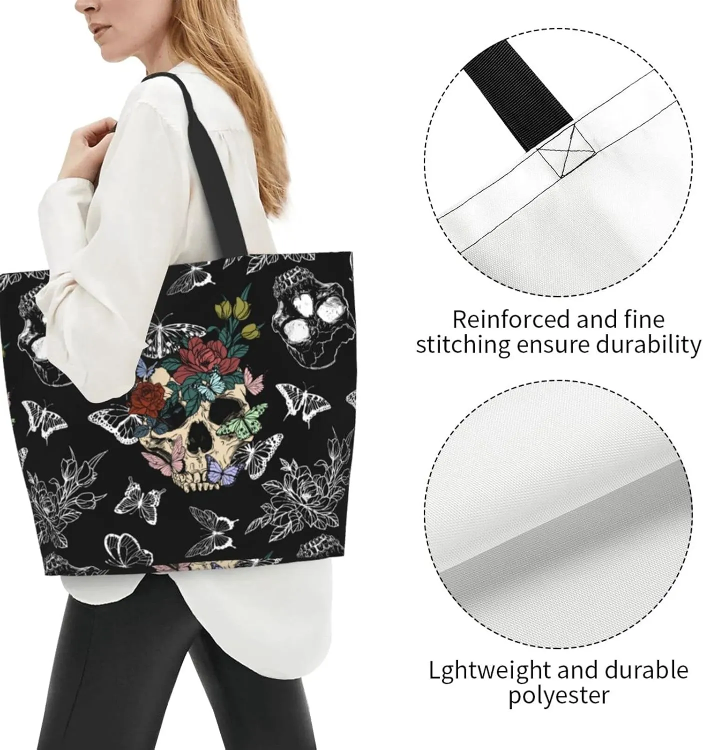 Flower Sugar Skull Tote Bags Reusable Women Shoulder Travel Beach Bag Shopping Work Daily