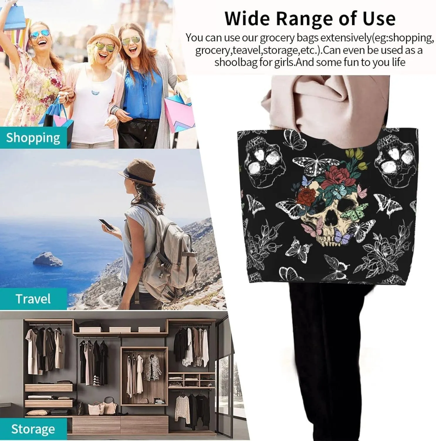 Flower Sugar Skull Tote Bags Reusable Women Shoulder Travel Beach Bag Shopping Work Daily