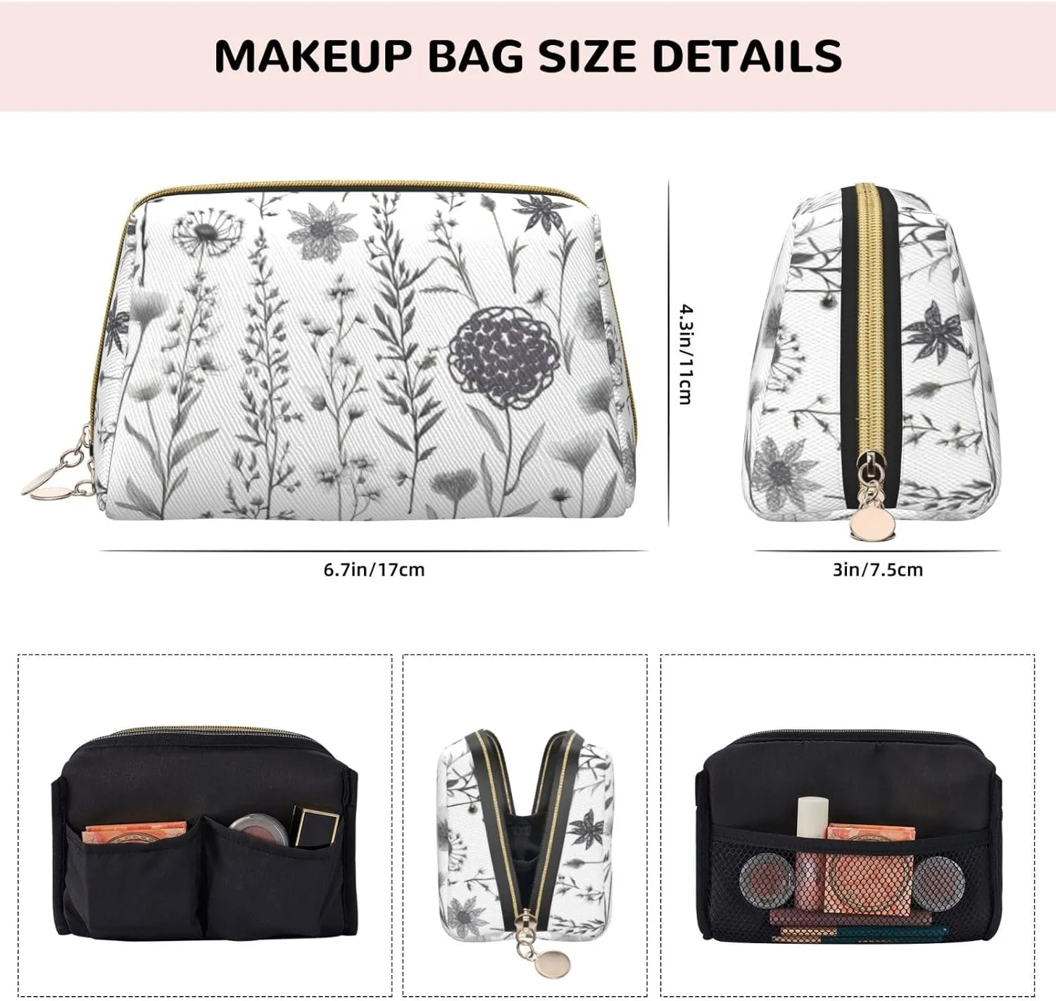 Flowering Herbs & Herbaceou Toiletry Pouch, Travel-Friendly Makeup Organizer For Makeup Brushes, Lipsticks