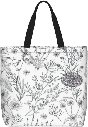 Flowering Herbs and Herbaceous Plants Print Large Capacity Zipper Shoulder Tote Bag,Reusable Grocery,Beach and Travel Bag