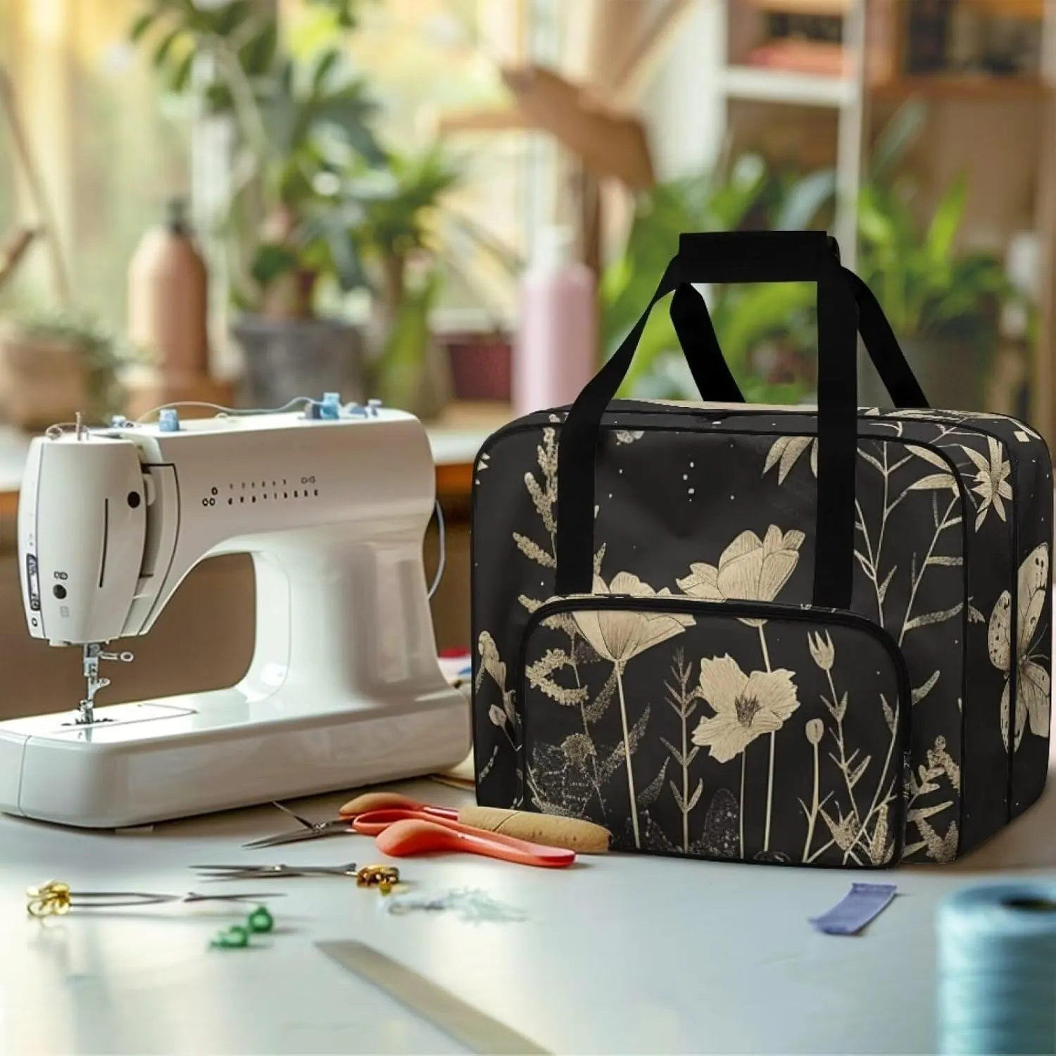 Flowers Art Sewing Machine Cover with Pockets Sewing Machine Covers Portable Sewing Machine Handbag Sewing Machine Cover Dust Cover Large with Convenient Pockets House