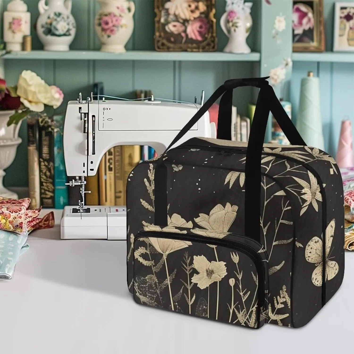 Flowers Art Sewing Machine Cover with Pockets Sewing Machine Covers Portable Sewing Machine Handbag Sewing Machine Cover Dust Cover Large with Convenient Pockets House