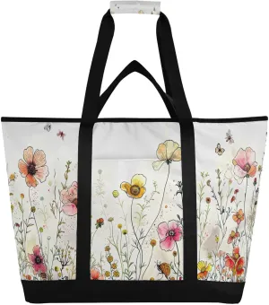 Flowers Butterfly Reusable Insulated Lunchbox Cooler Bag, Leakproof Kitchen Grocery Bag Collapsible Portable Cooler Tote Bag for Picnic, Camping, Office, Travel