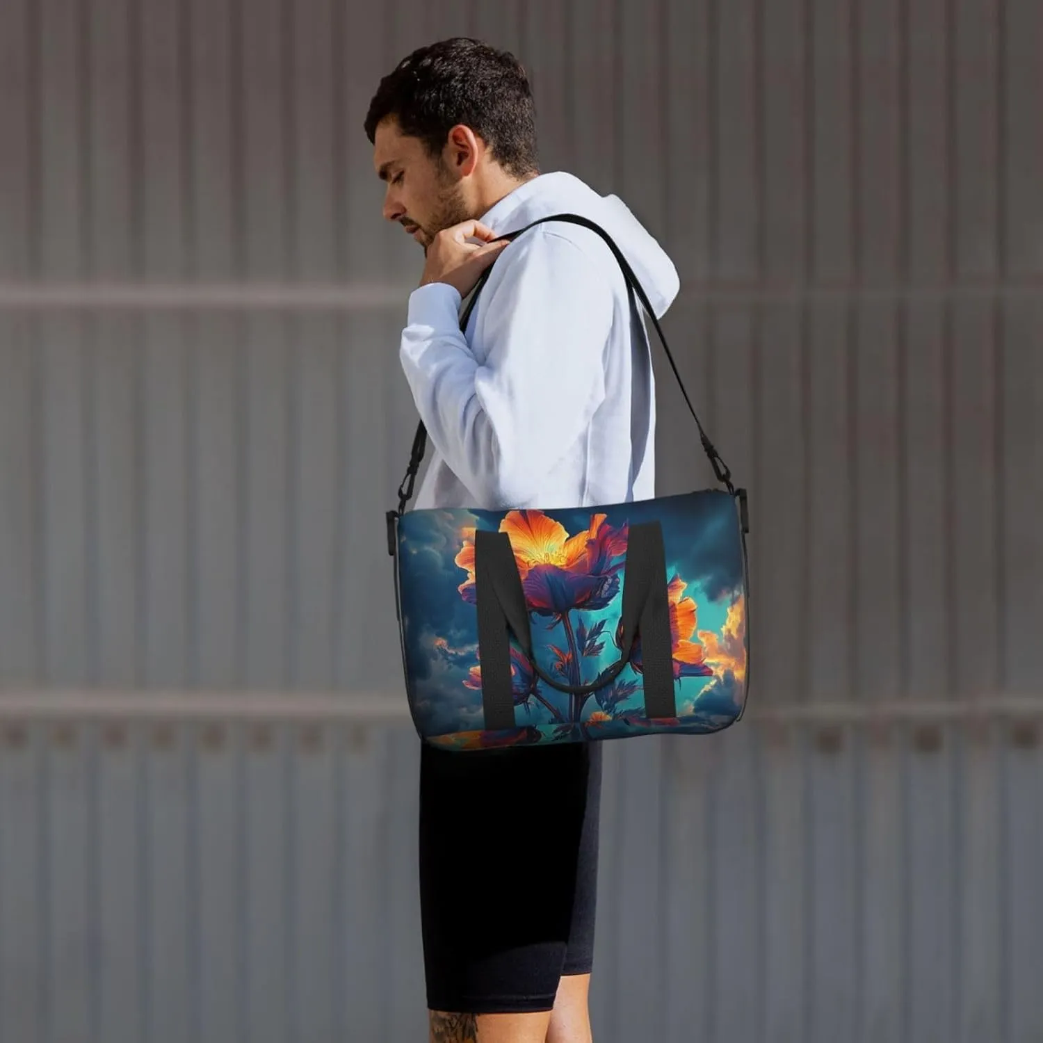 flowers print Travel Duffel Bag, Sports Tote Gym Bag, Swim Pool Bag Large Shoulder Tote Bag for Beach Weekender