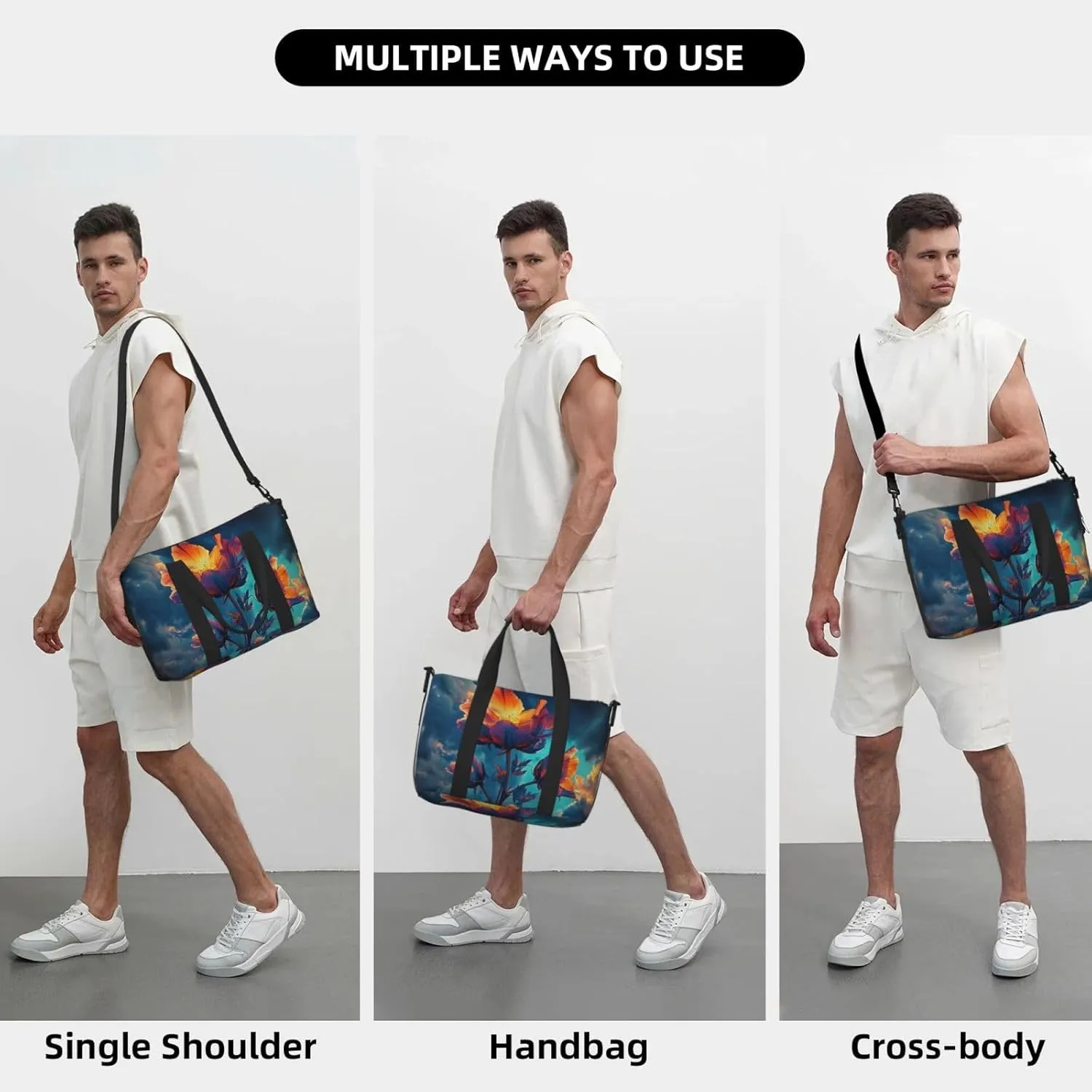 flowers print Travel Duffel Bag, Sports Tote Gym Bag, Swim Pool Bag Large Shoulder Tote Bag for Beach Weekender