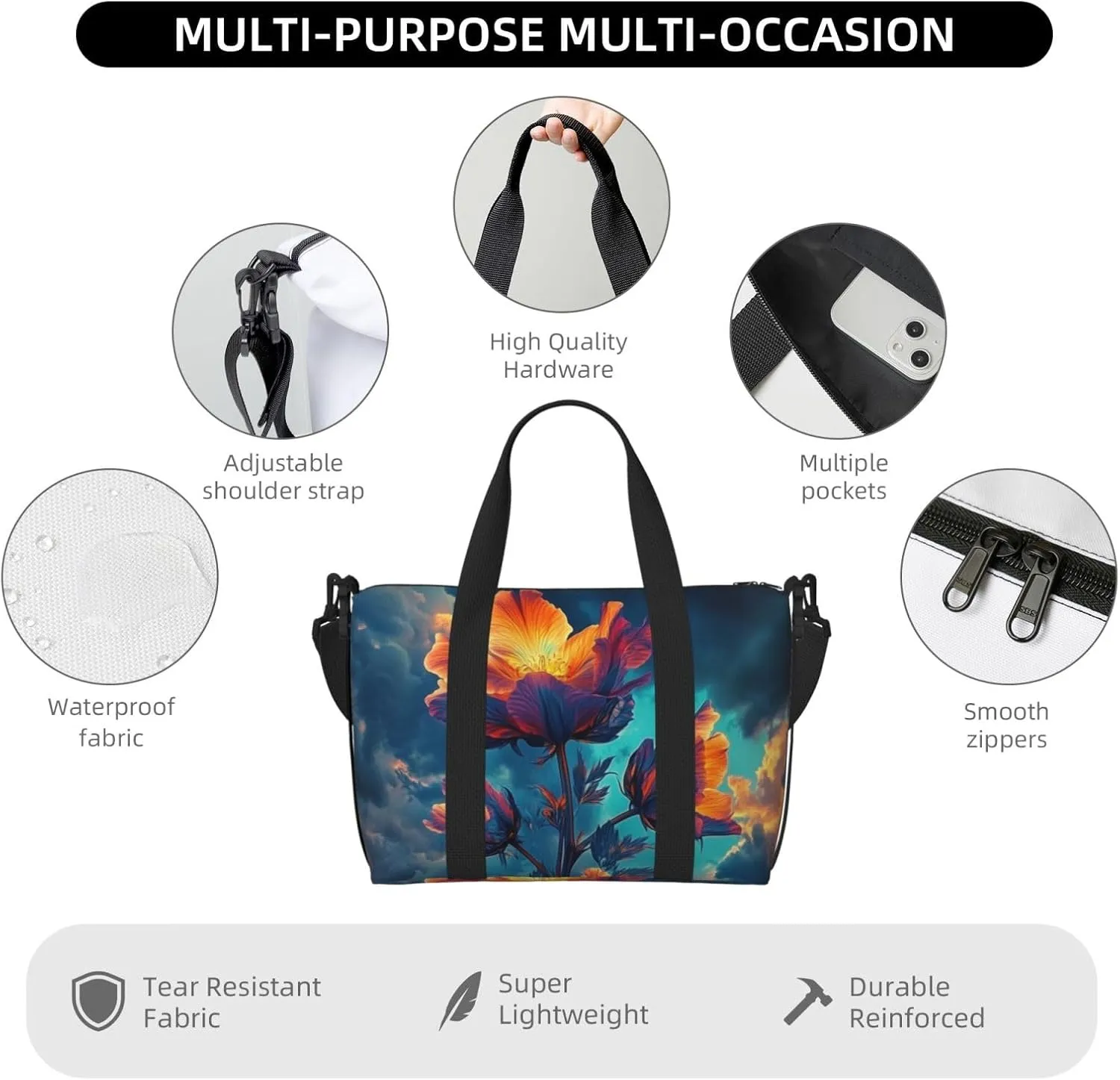 flowers print Travel Duffel Bag, Sports Tote Gym Bag, Swim Pool Bag Large Shoulder Tote Bag for Beach Weekender