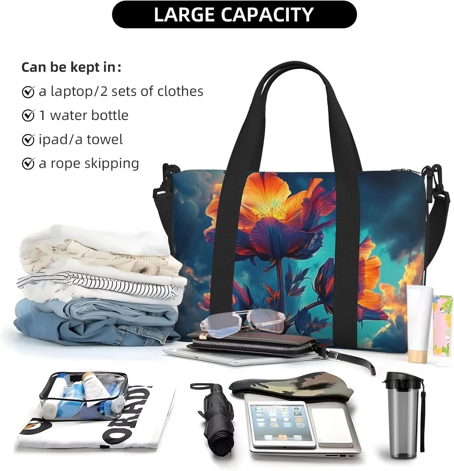 flowers print Travel Duffel Bag, Sports Tote Gym Bag, Swim Pool Bag Large Shoulder Tote Bag for Beach Weekender