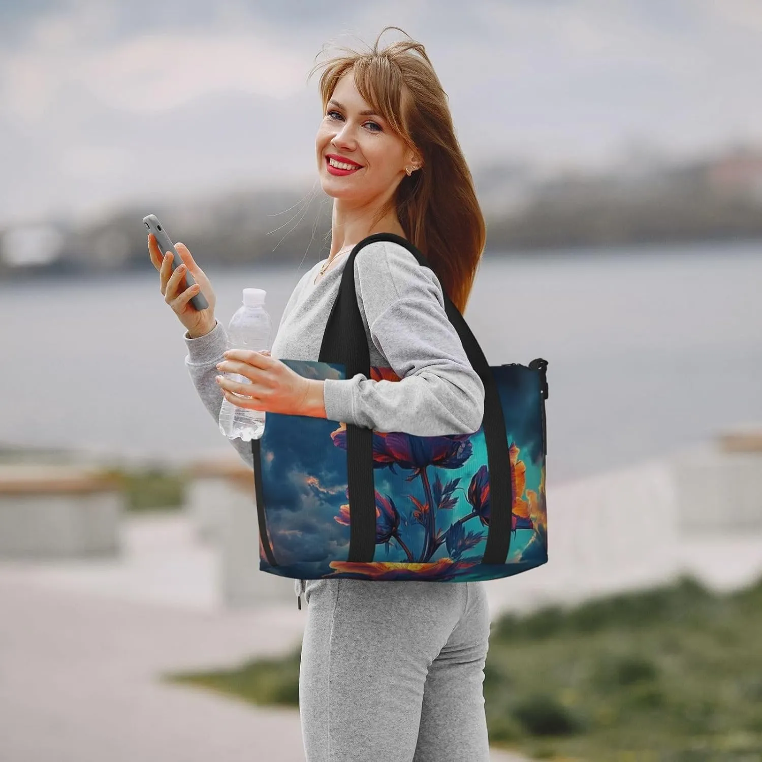 flowers print Travel Duffel Bag, Sports Tote Gym Bag, Swim Pool Bag Large Shoulder Tote Bag for Beach Weekender