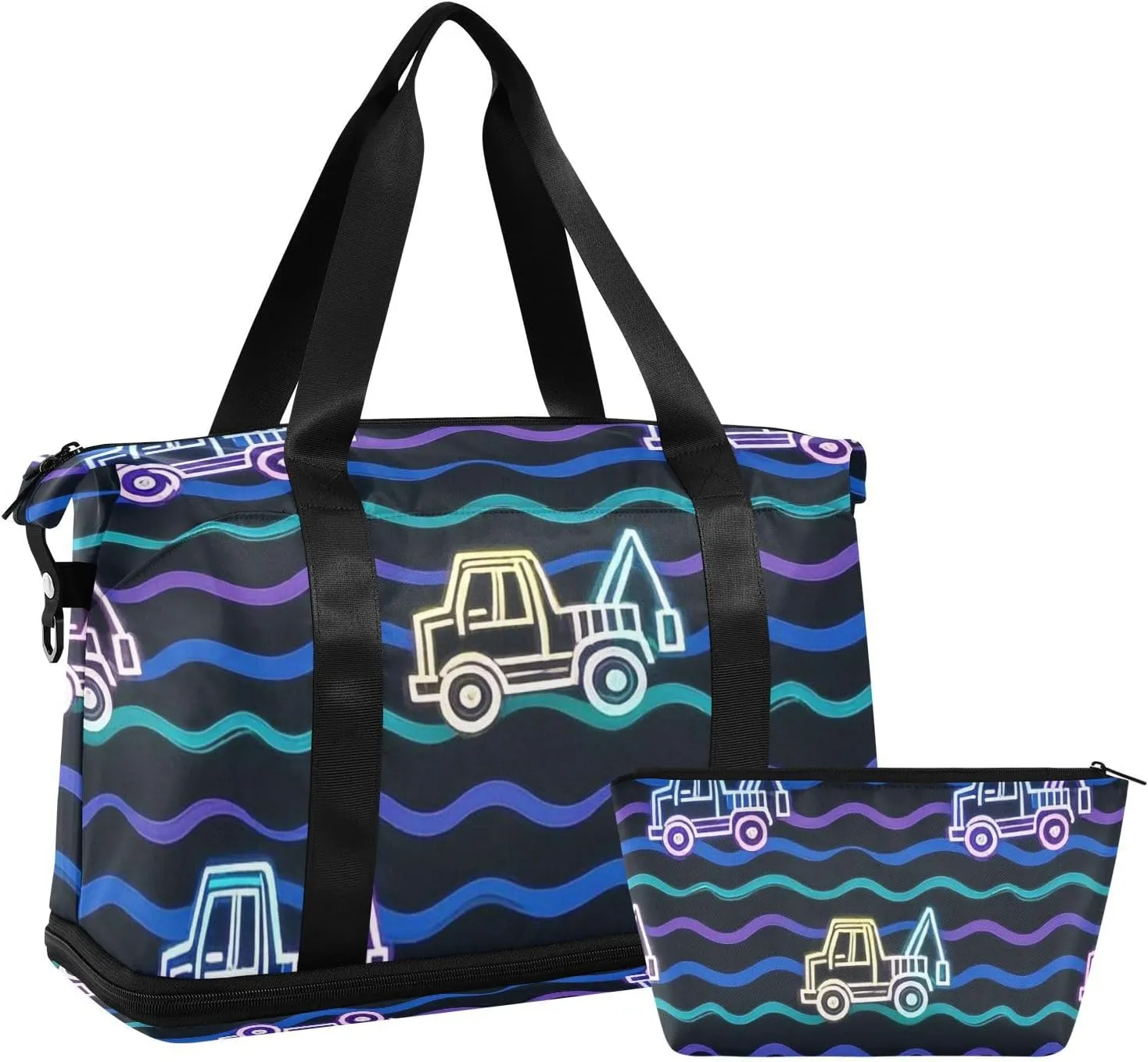 Fluorescent Engineering Vehicle Colorful Wave Travel Hand Bag Weekend Bag with Adjustable Strap for Travel Waterproof