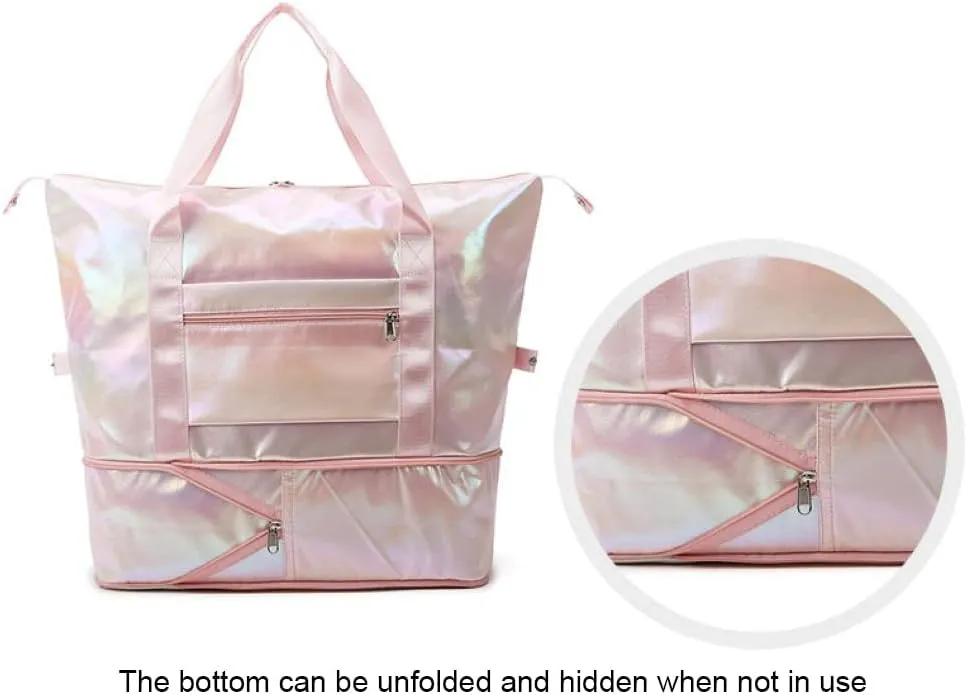 Foldable Laser Sports Duffel Bag for Women - Travel, Gym & Yoga Weekender Bag with Wet Pocket & Shoe Compartment (Yellow)(Dazzling Purple)