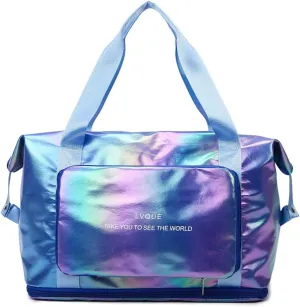 Foldable Laser Sports Duffel Bag for Women - Travel, Gym & Yoga Weekender Bag with Wet Pocket & Shoe Compartment (Yellow)(Dazzling Purple)