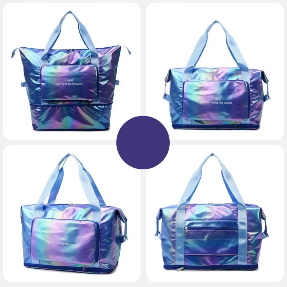 Foldable Laser Sports Duffel Bag for Women - Travel, Gym & Yoga Weekender Bag with Wet Pocket & Shoe Compartment (Yellow)(Dazzling Purple)