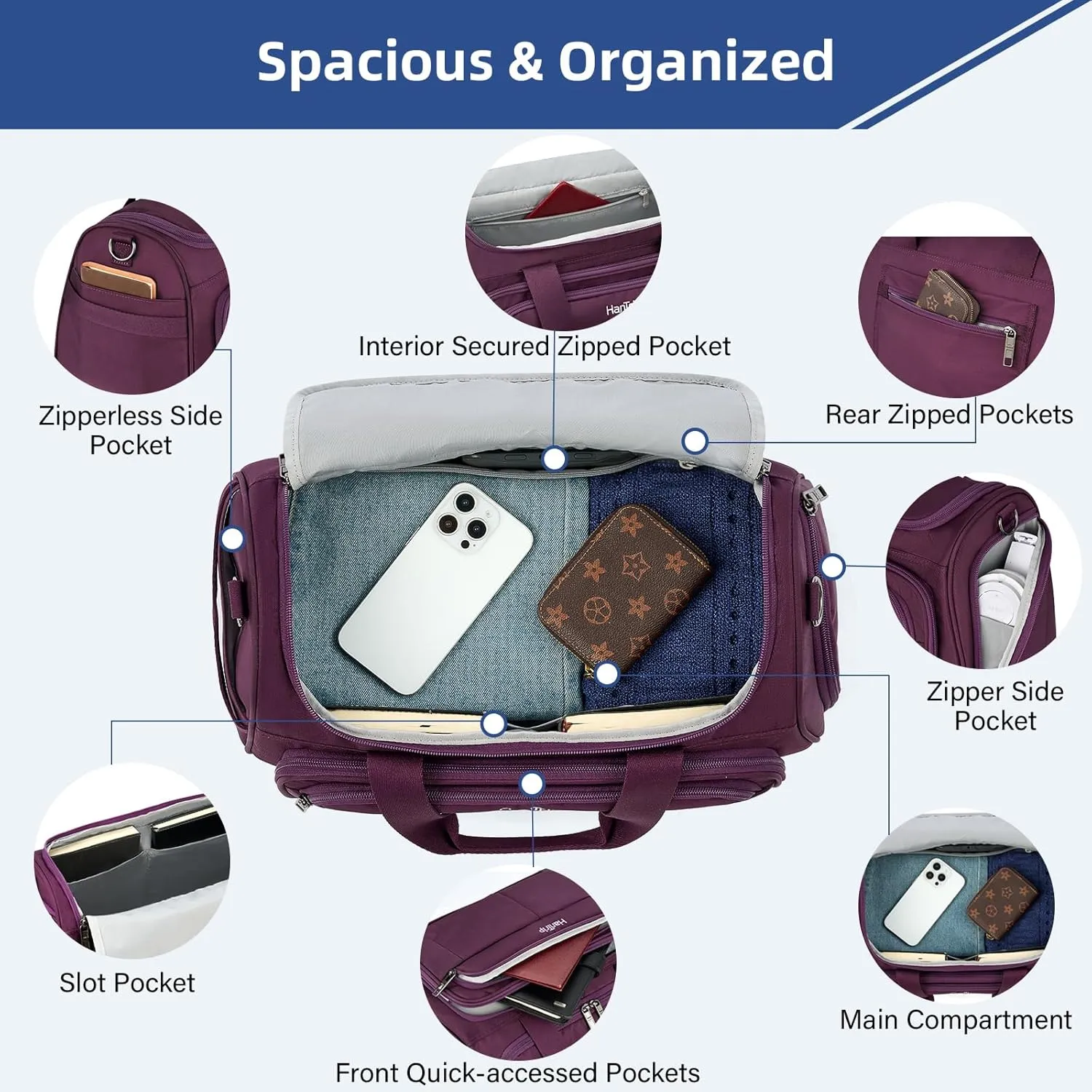 Foldable Underseat Carry On Luggage Bags for Travel Lightweight Overnight Weekender Bag for Women Men Travel Tote Bag (Purple)