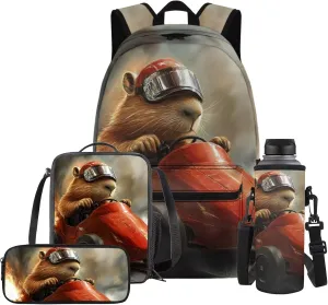 FOR U DESIGNS 5th Grade Capybara Backpack for Kids 10-12 Years 17 Inch Big School Bag with Lunch Box Ergonomic Travel Backpack Girls Girls 4 Piece Bookbag Set