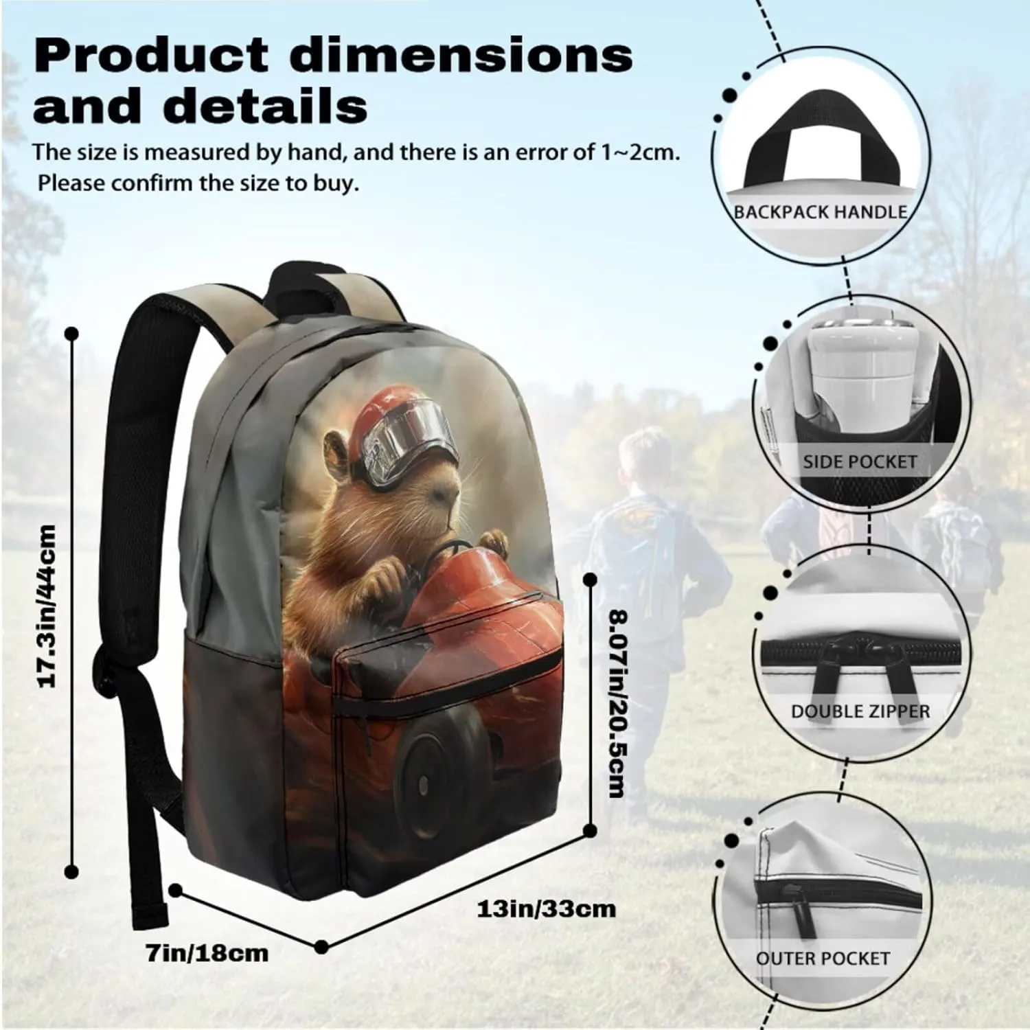 FOR U DESIGNS 5th Grade Capybara Backpack for Kids 10-12 Years 17 Inch Big School Bag with Lunch Box Ergonomic Travel Backpack Girls Girls 4 Piece Bookbag Set