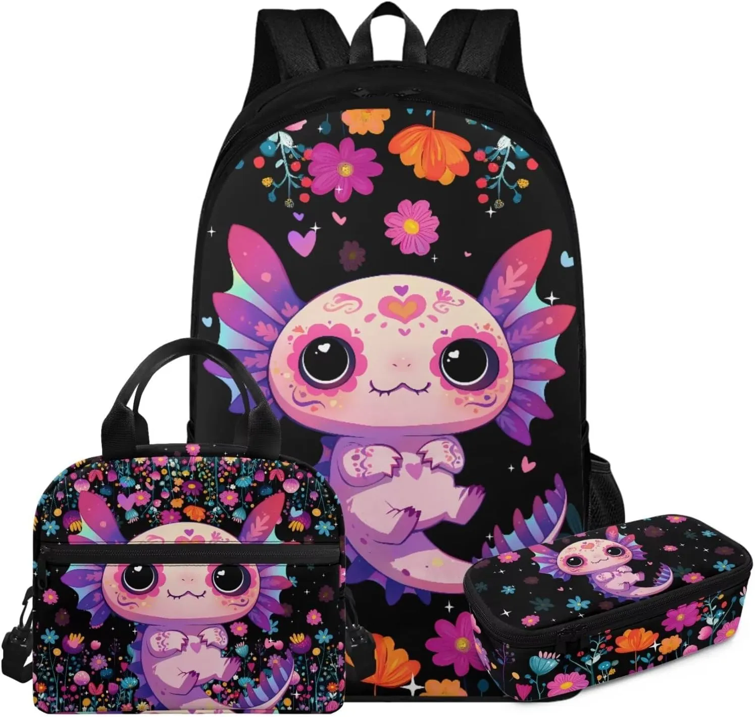 FOR U DESIGNS Axolotl Backpacks for Girls Spacious Bookbag Set Ages 6-8 Kawaii First Grade School Bag Ergonomic Adjustable Straps 3 Piece Travel Backpacks