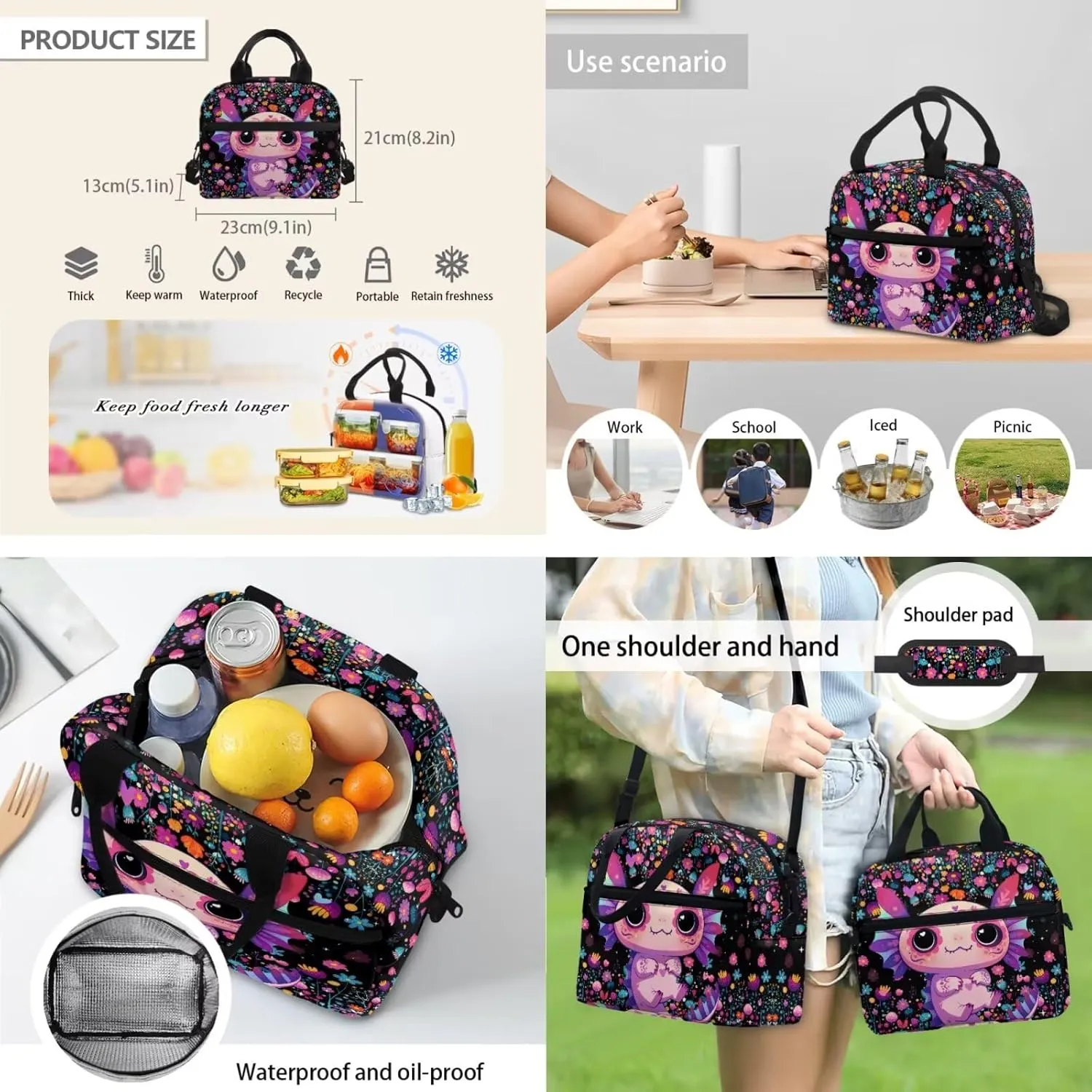 FOR U DESIGNS Axolotl Backpacks for Girls Spacious Bookbag Set Ages 6-8 Kawaii First Grade School Bag Ergonomic Adjustable Straps 3 Piece Travel Backpacks