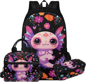 FOR U DESIGNS Axolotl Backpacks for Girls Spacious Bookbag Set Ages 6-8 Kawaii First Grade School Bag Ergonomic Adjustable Straps 3 Piece Travel Backpacks