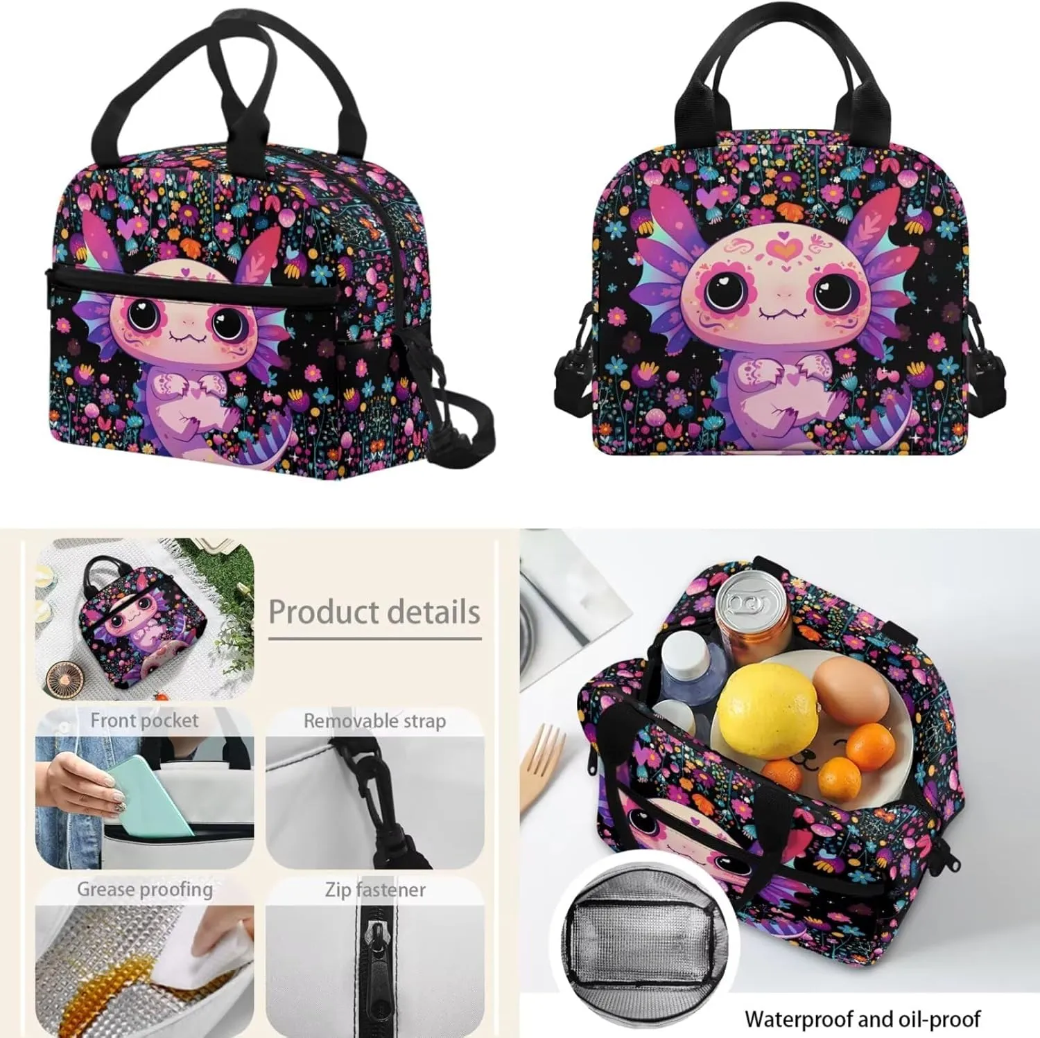 FOR U DESIGNS Axolotl Backpacks for Girls Spacious Bookbag Set Ages 6-8 Kawaii First Grade School Bag Ergonomic Adjustable Straps 3 Piece Travel Backpacks