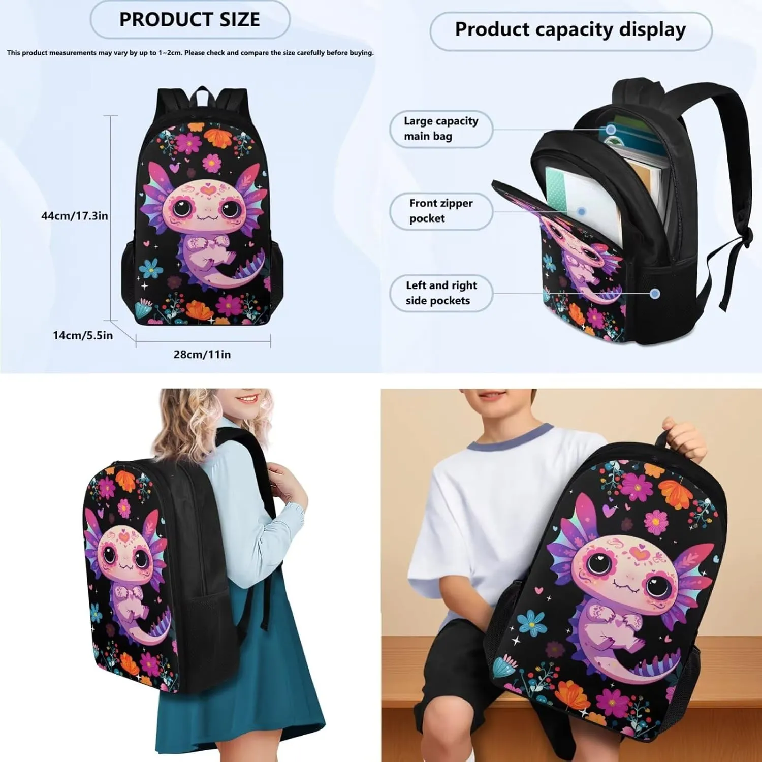 FOR U DESIGNS Axolotl Backpacks for Girls Spacious Bookbag Set Ages 6-8 Kawaii First Grade School Bag Ergonomic Adjustable Straps 3 Piece Travel Backpacks
