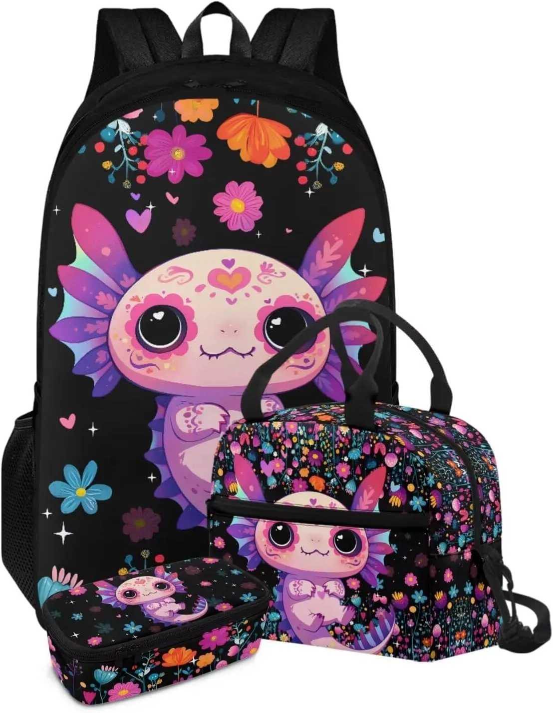 FOR U DESIGNS Axolotl Backpacks for Girls Spacious Bookbag Set Ages 6-8 Kawaii First Grade School Bag Ergonomic Adjustable Straps 3 Piece Travel Backpacks
