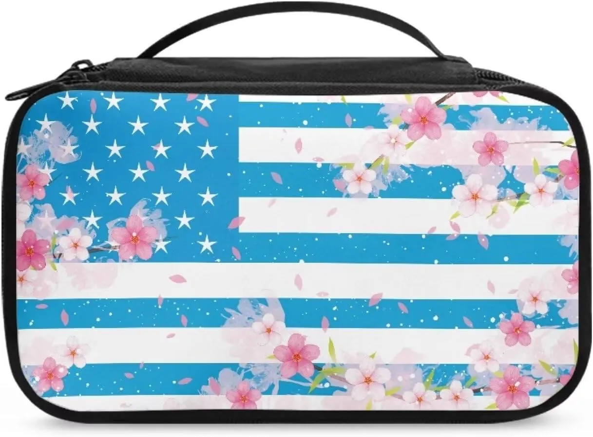 FOR U DESIGNS Cute Cosmetic Bag for Women Makeup Bag with Compartments American Flag & Floral Print Toiletry Bag Large Capacity
