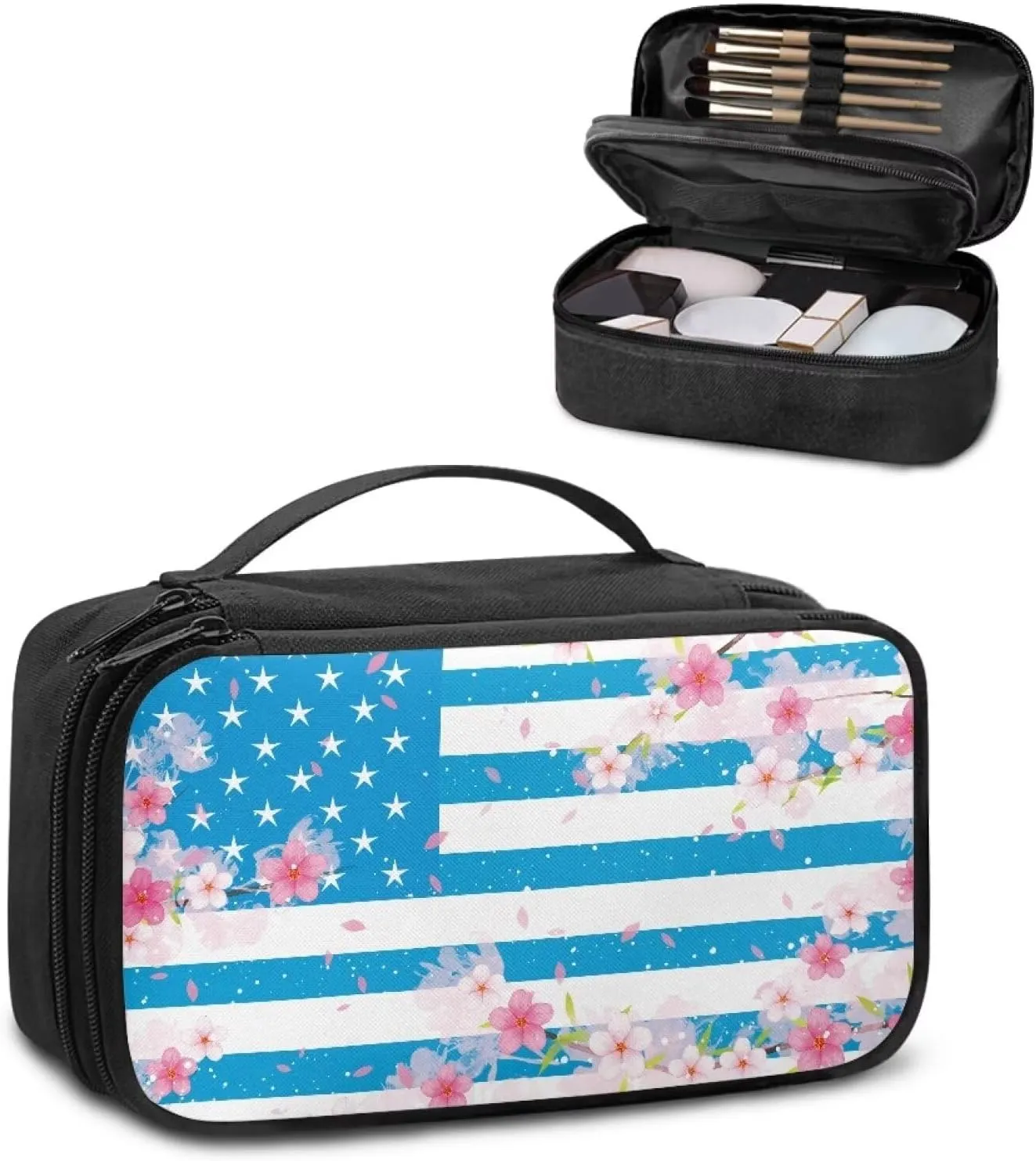 FOR U DESIGNS Cute Cosmetic Bag for Women Makeup Bag with Compartments American Flag & Floral Print Toiletry Bag Large Capacity
