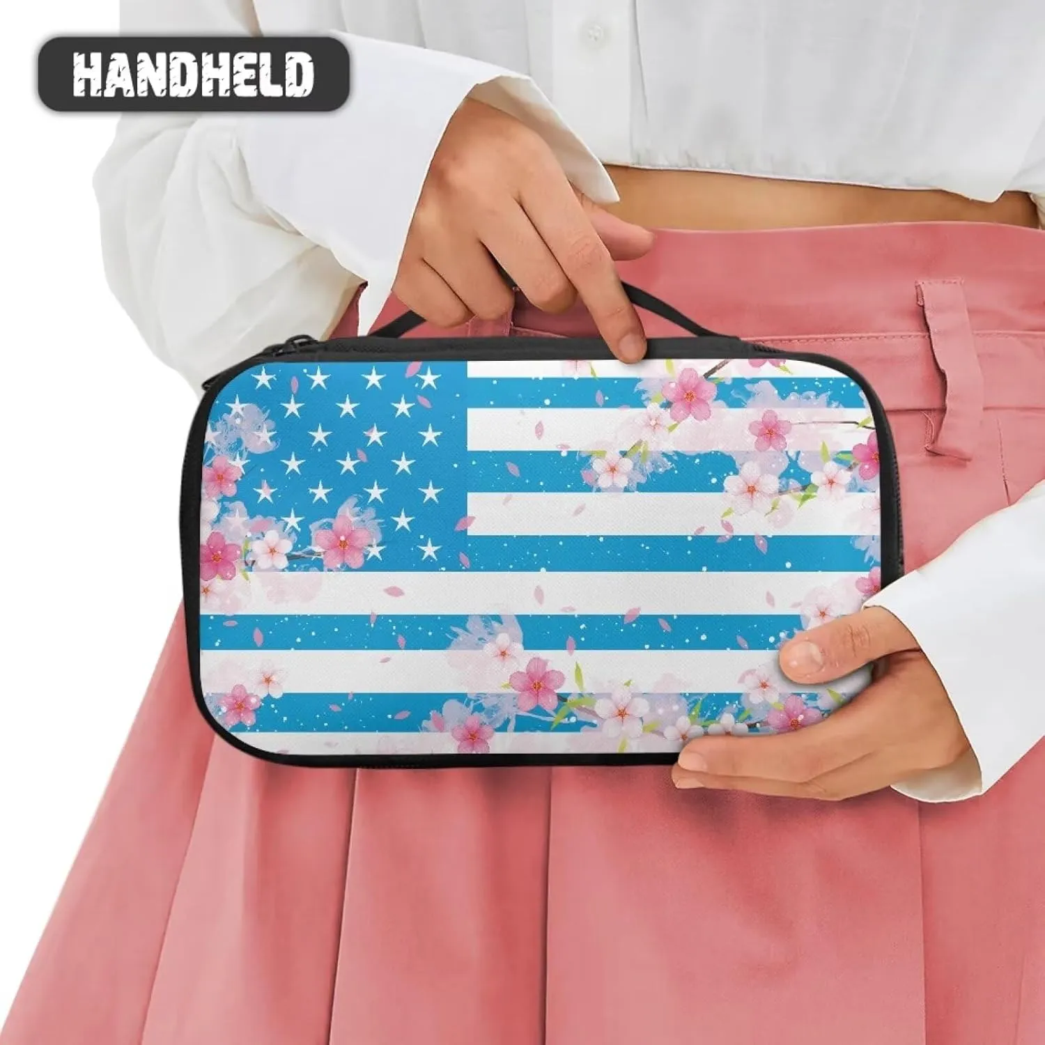 FOR U DESIGNS Cute Cosmetic Bag for Women Makeup Bag with Compartments American Flag & Floral Print Toiletry Bag Large Capacity