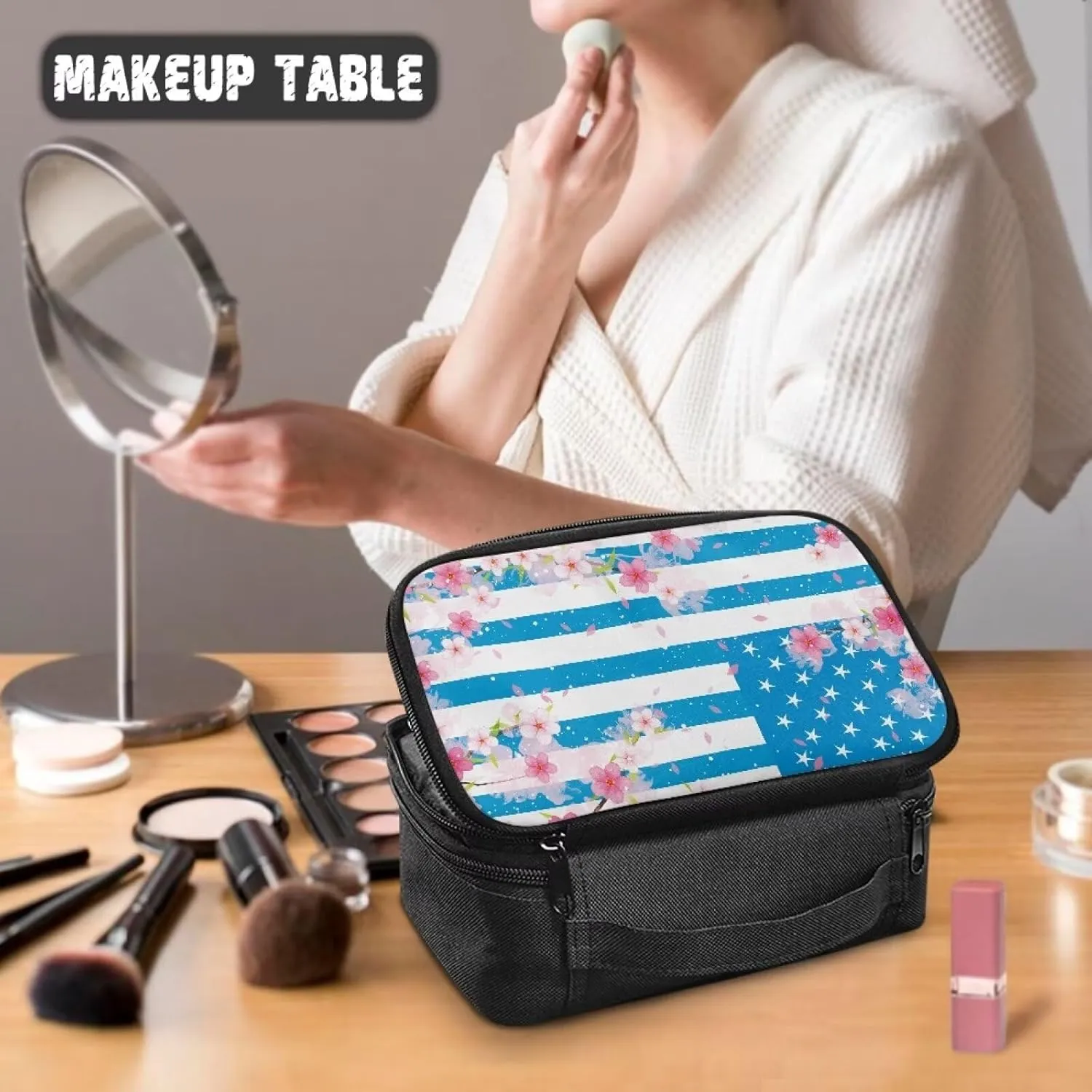 FOR U DESIGNS Cute Cosmetic Bag for Women Makeup Bag with Compartments American Flag & Floral Print Toiletry Bag Large Capacity