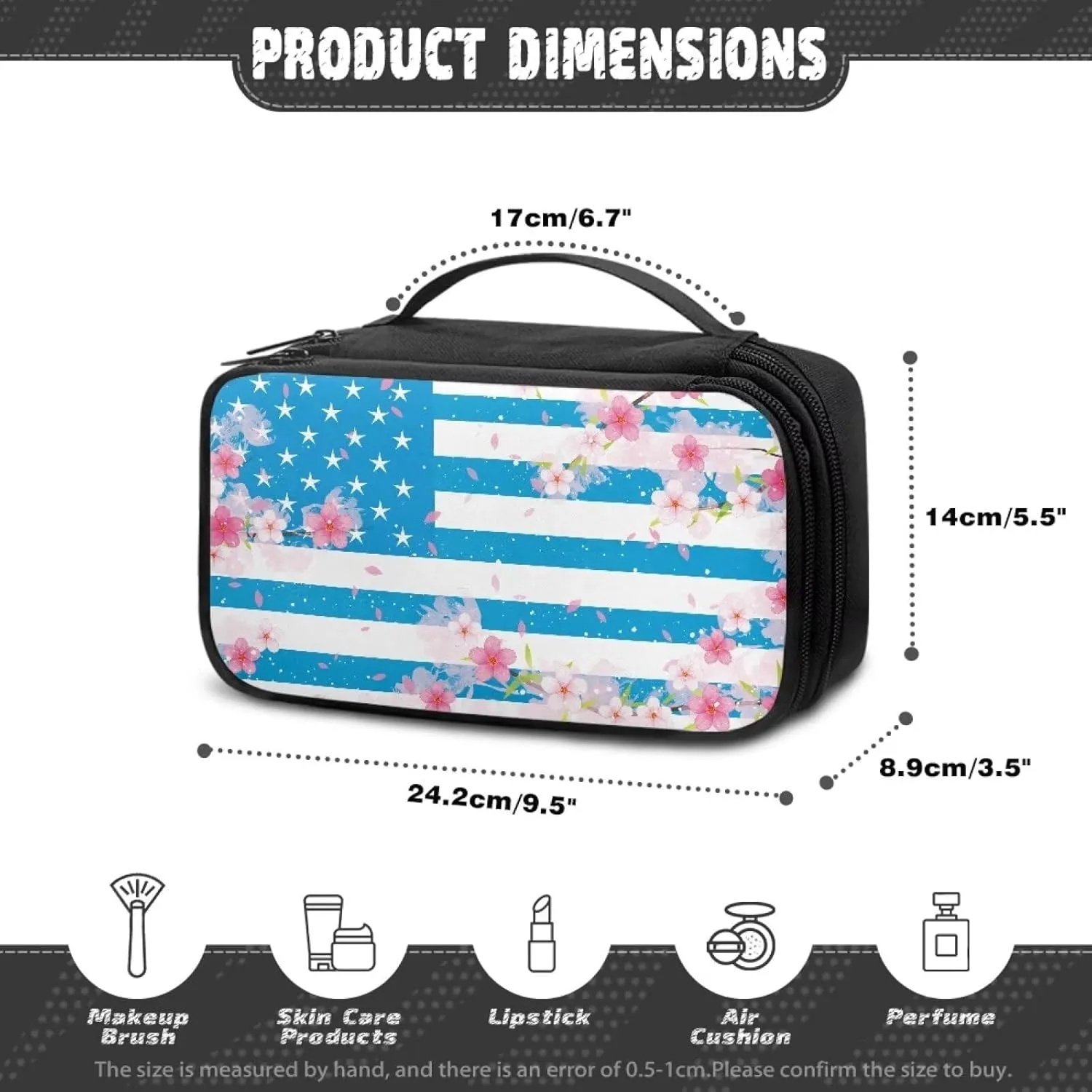 FOR U DESIGNS Cute Cosmetic Bag for Women Makeup Bag with Compartments American Flag & Floral Print Toiletry Bag Large Capacity