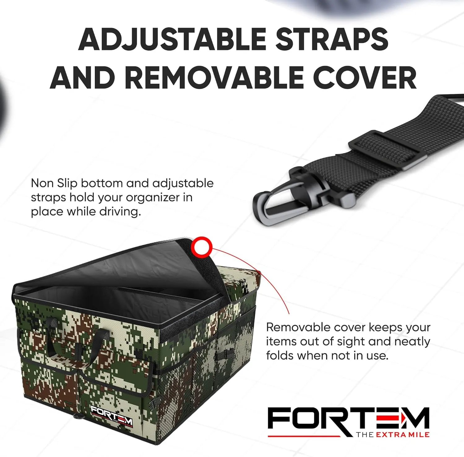 FORTEM Car Trunk Organizer, Collapsible Multi Compartment SUV Organizer, Foldable Storage for Car Accessories for Women Men, 600D Oxford, Non Slip Bottom, Securing Straps, Soft Cover (50L)