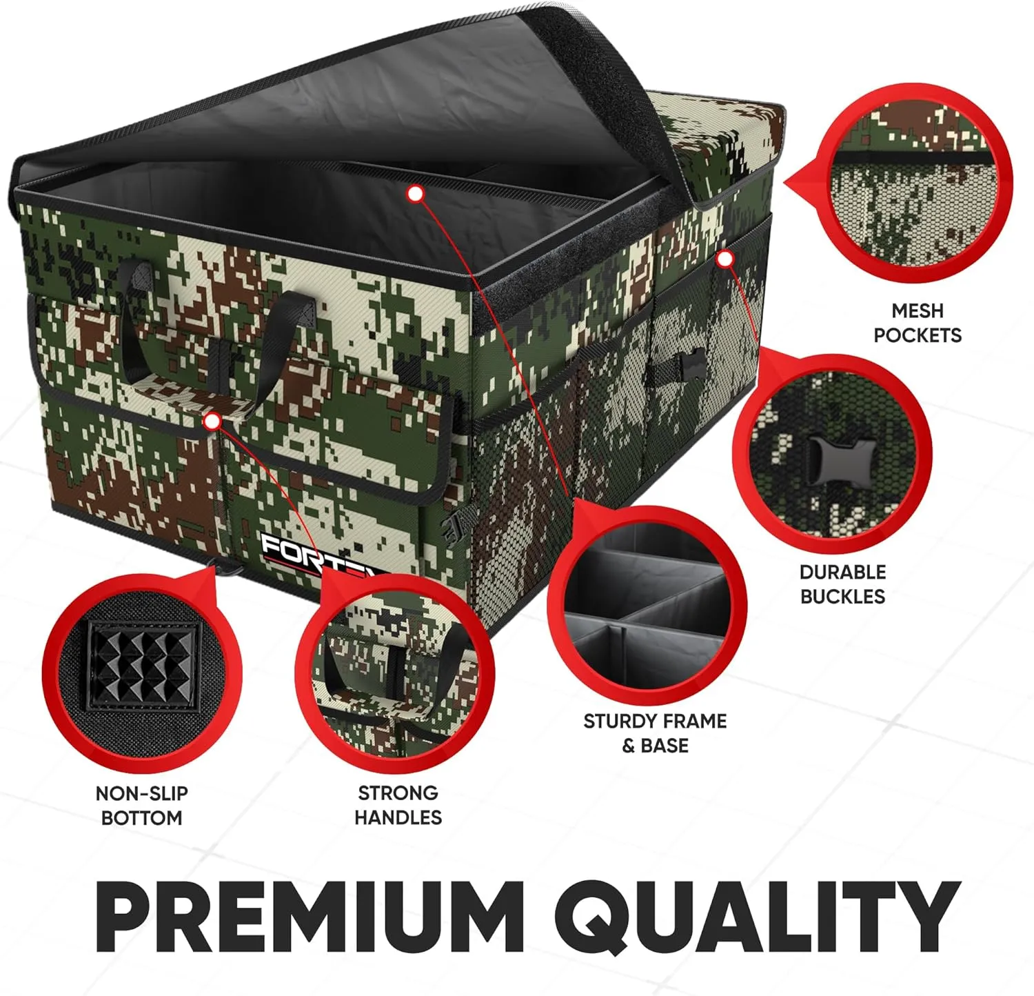FORTEM Car Trunk Organizer, Collapsible Multi Compartment SUV Organizer, Foldable Storage for Car Accessories for Women Men, 600D Oxford, Non Slip Bottom, Securing Straps, Soft Cover (50L)