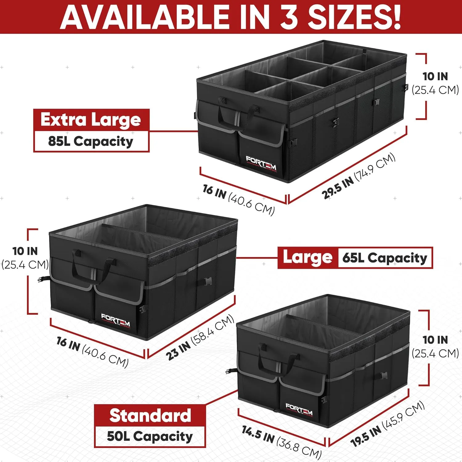 FORTEM Car Trunk Organizer, Collapsible Multi Compartment SUV Organizer, Foldable Storage for Car Accessories for Women Men, 600D Oxford, Non Slip Bottom, Securing Straps, Soft Cover (50L)