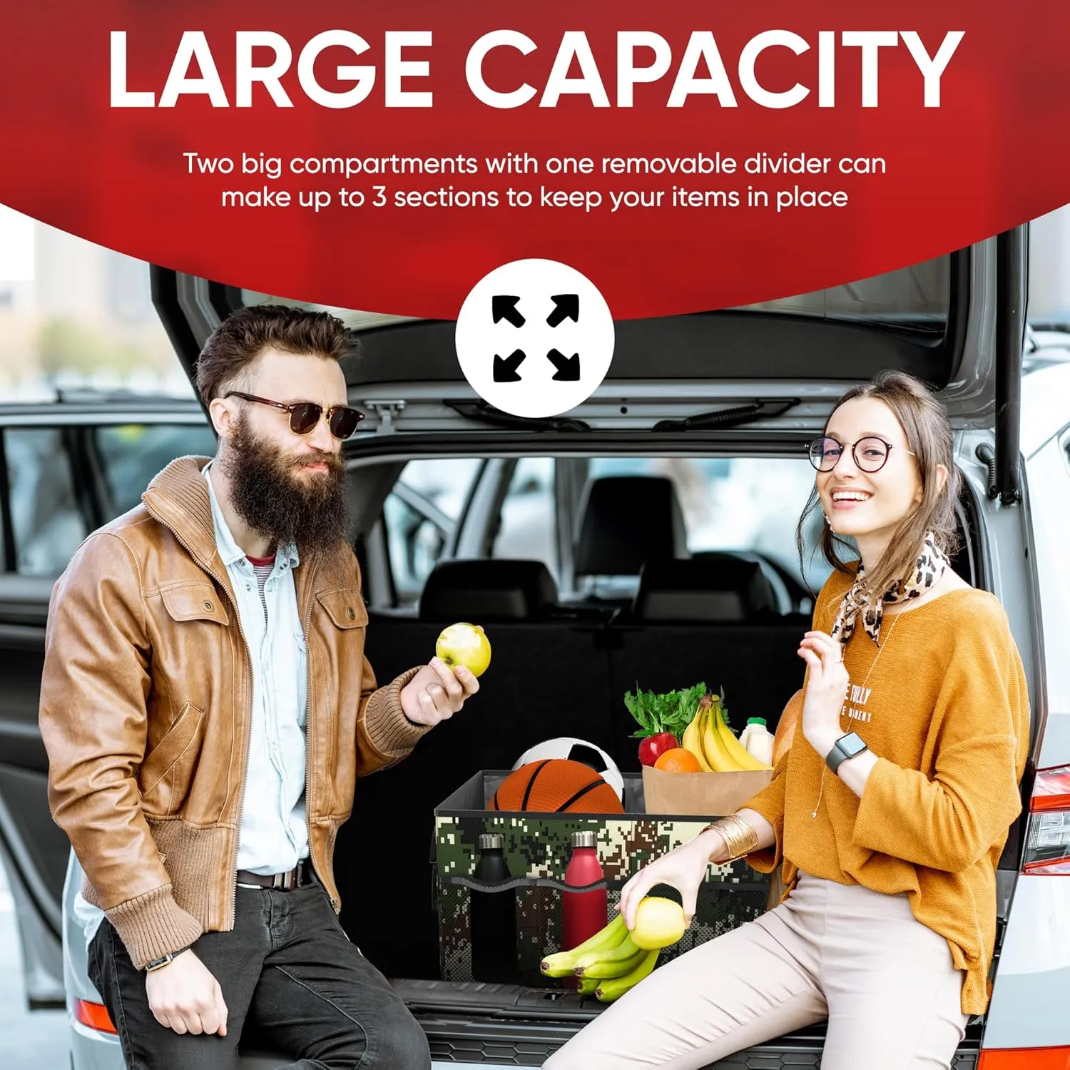 FORTEM Car Trunk Organizer, Collapsible Multi Compartment SUV Organizer, Foldable Storage for Car Accessories for Women Men, 600D Oxford, Non Slip Bottom, Securing Straps, Soft Cover (50L)