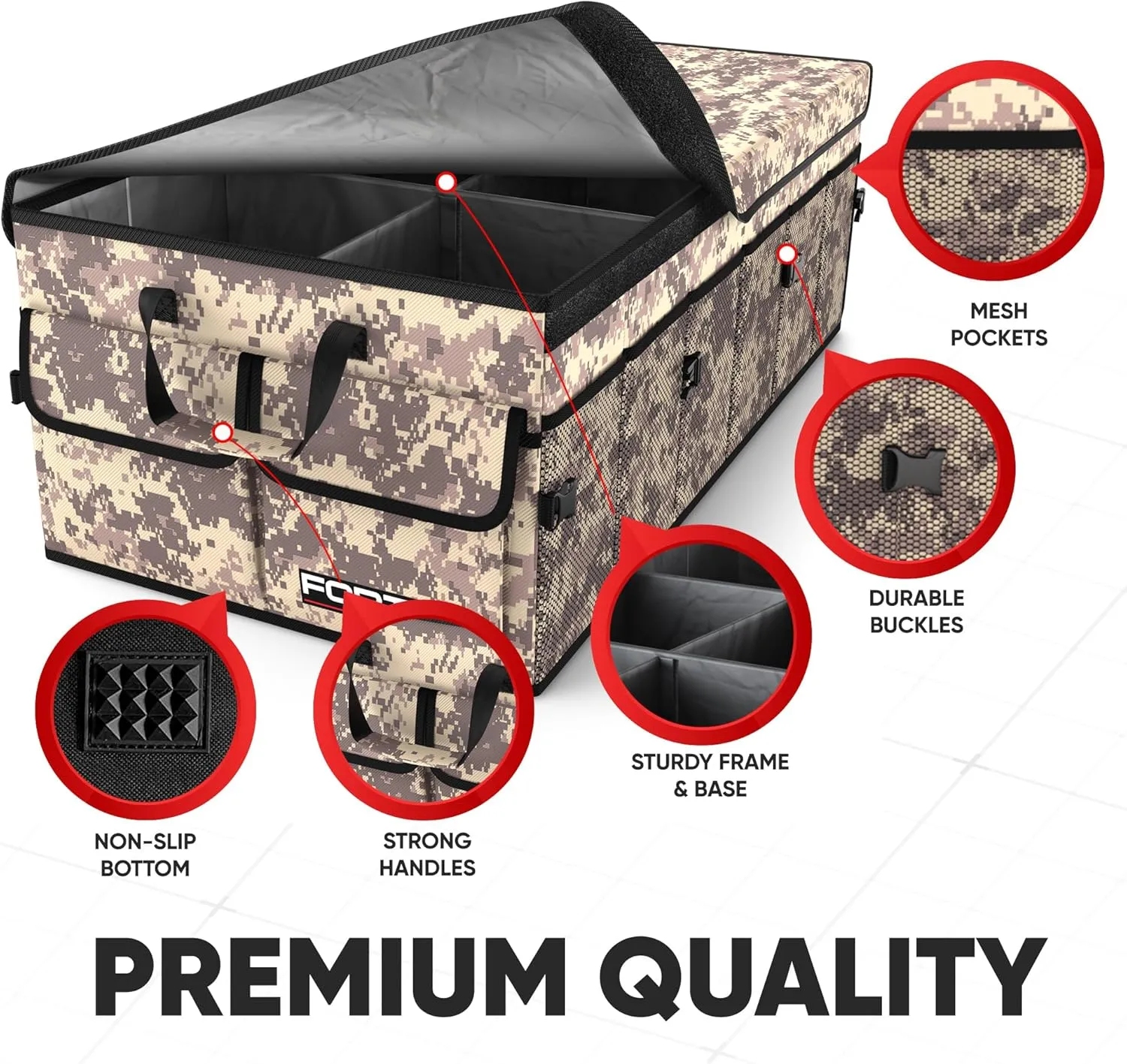 FORTEM Car Trunk Organizer, Collapsible Multi Compartment SUV Organizer, Foldable Storage for Car Accessories for Women Men, 600D Oxford, Non Slip Bottom, Securing Straps, Soft Cover (85L)
