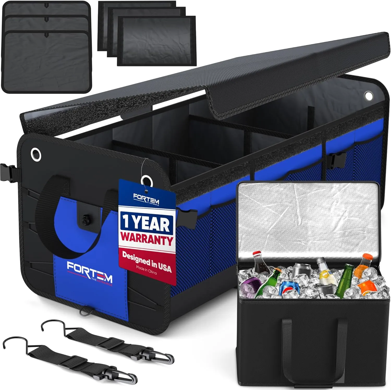 FORTEM SUV Trunk Organizer with Cooler, Car Organizer, Collapsible Multi-Compartment Storage Bag for Car Accessories for Women Men, 1680D Oxford, Non Slip Bottom, Adjustable Straps Soft Cover (110L)