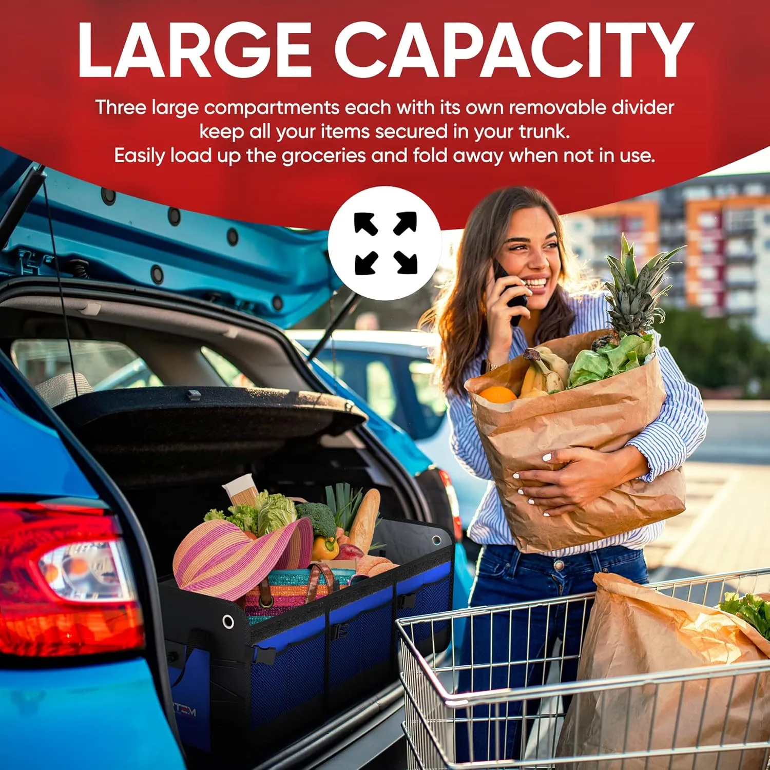 FORTEM SUV Trunk Organizer with Cooler, Car Organizer, Collapsible Multi-Compartment Storage Bag for Car Accessories for Women Men, 1680D Oxford, Non Slip Bottom, Adjustable Straps Soft Cover (110L)
