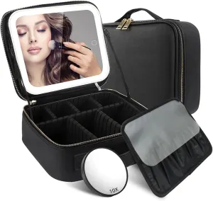 FOTN Travel Makeup Bag with LED Mirror, Travel Makeup Organizer with 3 Color Setting & 10X Magnifying Mirror, Rechargeable Lighted Makeup Case, Portable Adjustable Dividers Makeup Box (Black)