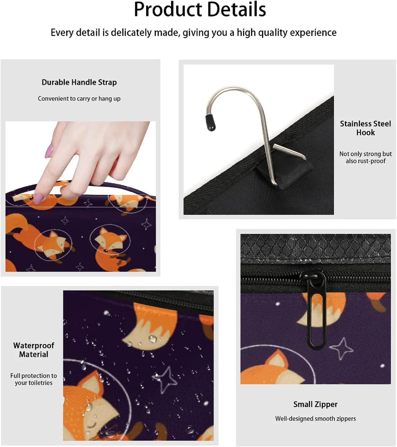 Fox Hanging Toiletry Bag Cute Animal Travel Makeup Bag Portable Large Waterproof Cosmetic Bag Organizer for Make up Accessories Shampoo Body Cream Brushes Set