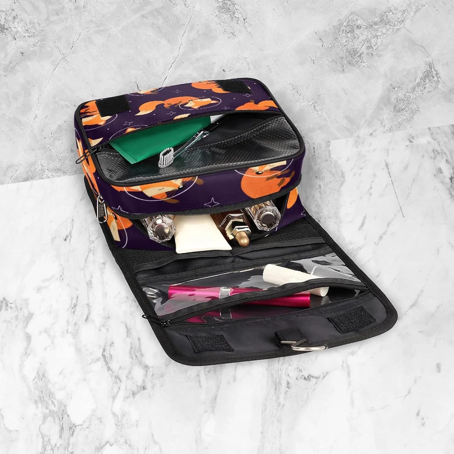 Fox Hanging Toiletry Bag Cute Animal Travel Makeup Bag Portable Large Waterproof Cosmetic Bag Organizer for Make up Accessories Shampoo Body Cream Brushes Set