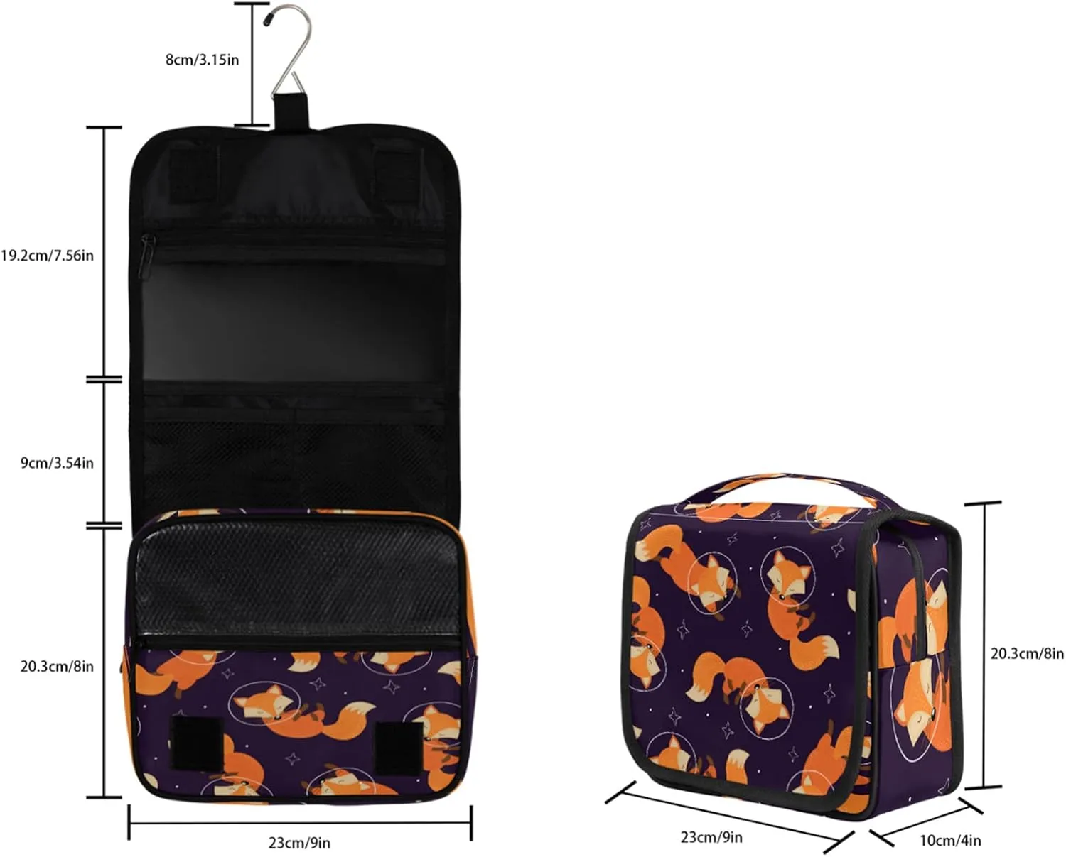 Fox Hanging Toiletry Bag Cute Animal Travel Makeup Bag Portable Large Waterproof Cosmetic Bag Organizer for Make up Accessories Shampoo Body Cream Brushes Set