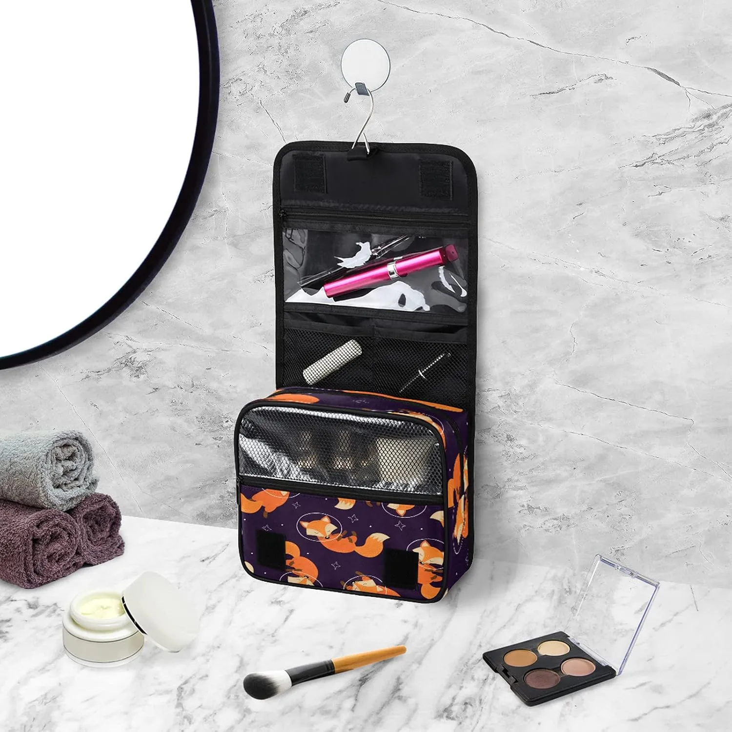 Fox Hanging Toiletry Bag Cute Animal Travel Makeup Bag Portable Large Waterproof Cosmetic Bag Organizer for Make up Accessories Shampoo Body Cream Brushes Set