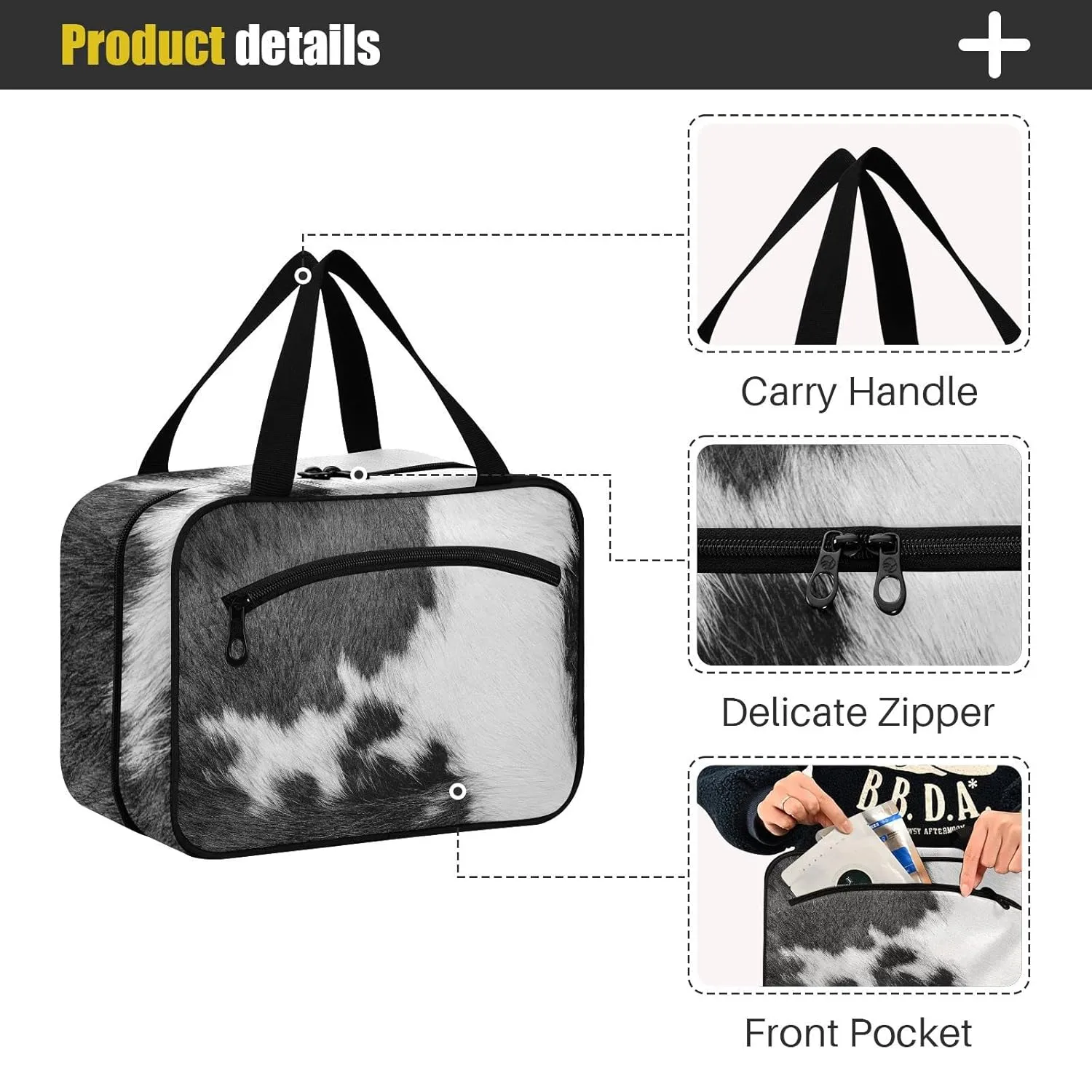 Fragment of a Skin of a Cow Black White Real Animal Skin 1 PC Hanging Travel Wash bag with Handles, Portable Makeup Organizer Brush Storage Case Portable Travel Cosmetic with Hook M