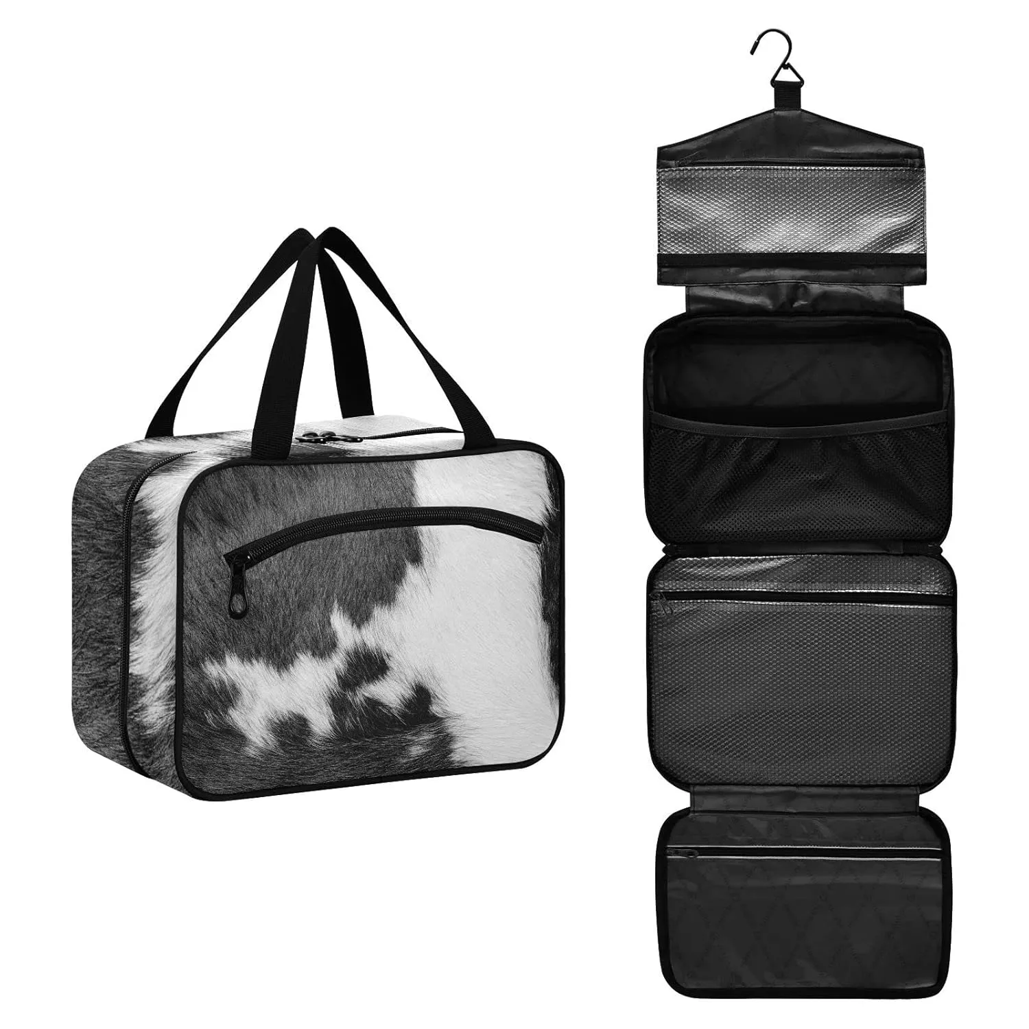 Fragment of a Skin of a Cow Black White Real Animal Skin 1 PC Hanging Travel Wash bag with Handles, Portable Makeup Organizer Brush Storage Case Portable Travel Cosmetic with Hook M