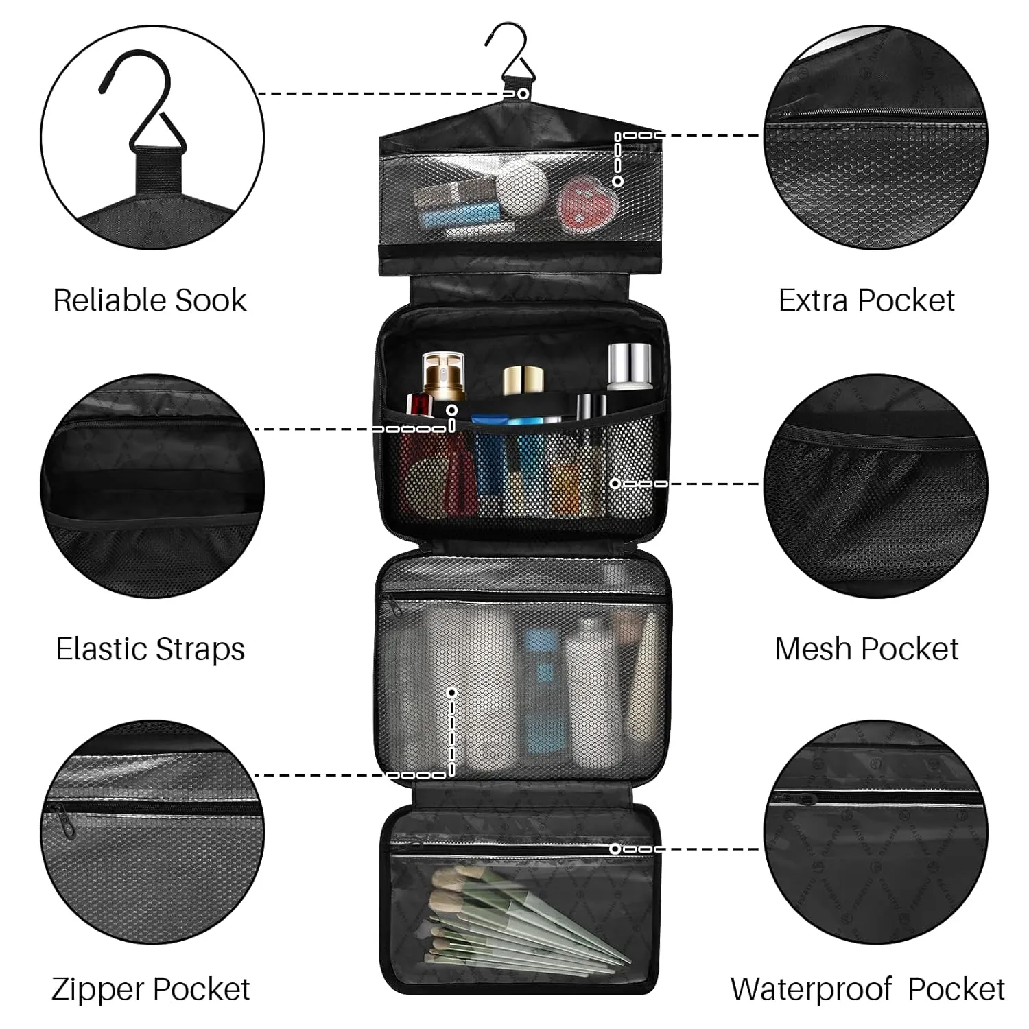 Fragment of a Skin of a Cow Black White Real Animal Skin 1 PC Hanging Travel Wash bag with Handles, Portable Makeup Organizer Brush Storage Case Portable Travel Cosmetic with Hook M