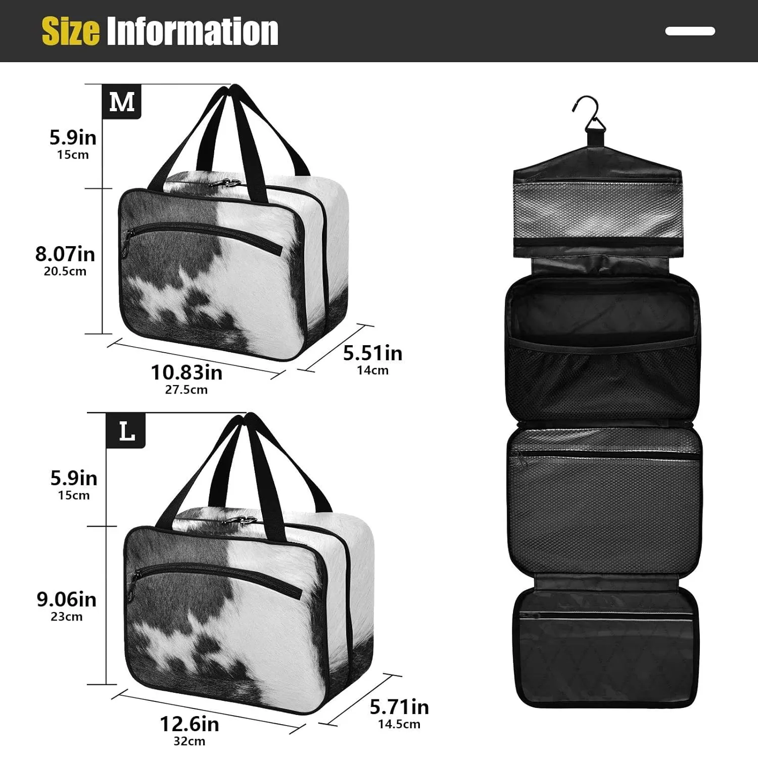 Fragment of a Skin of a Cow Black White Real Animal Skin 1 PC Hanging Travel Wash bag with Handles, Portable Makeup Organizer Brush Storage Case Portable Travel Cosmetic with Hook M